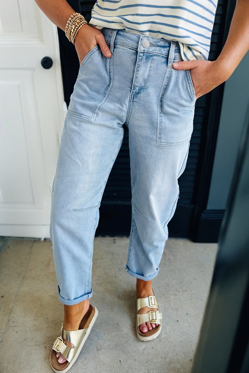 Beau Blue High Rise Barrel Relaxed Patch Pocket Jeans