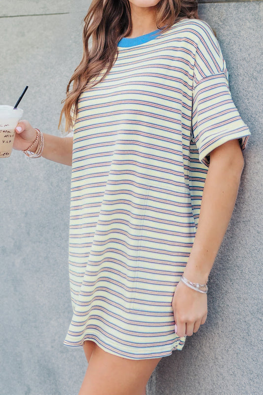 White Stripe Drop Shoulder Cuffed Sleeve Loose Tunic T Shirt Mini Dress