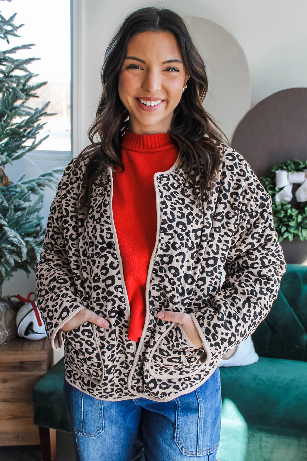 Khaki Leopard Print Patch Pockets Binding Tape Long Sleeve Jacket