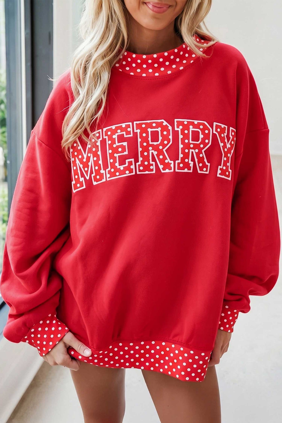 Dirty blue Polka Dot Letter Print Mock Neck Sweatshirt