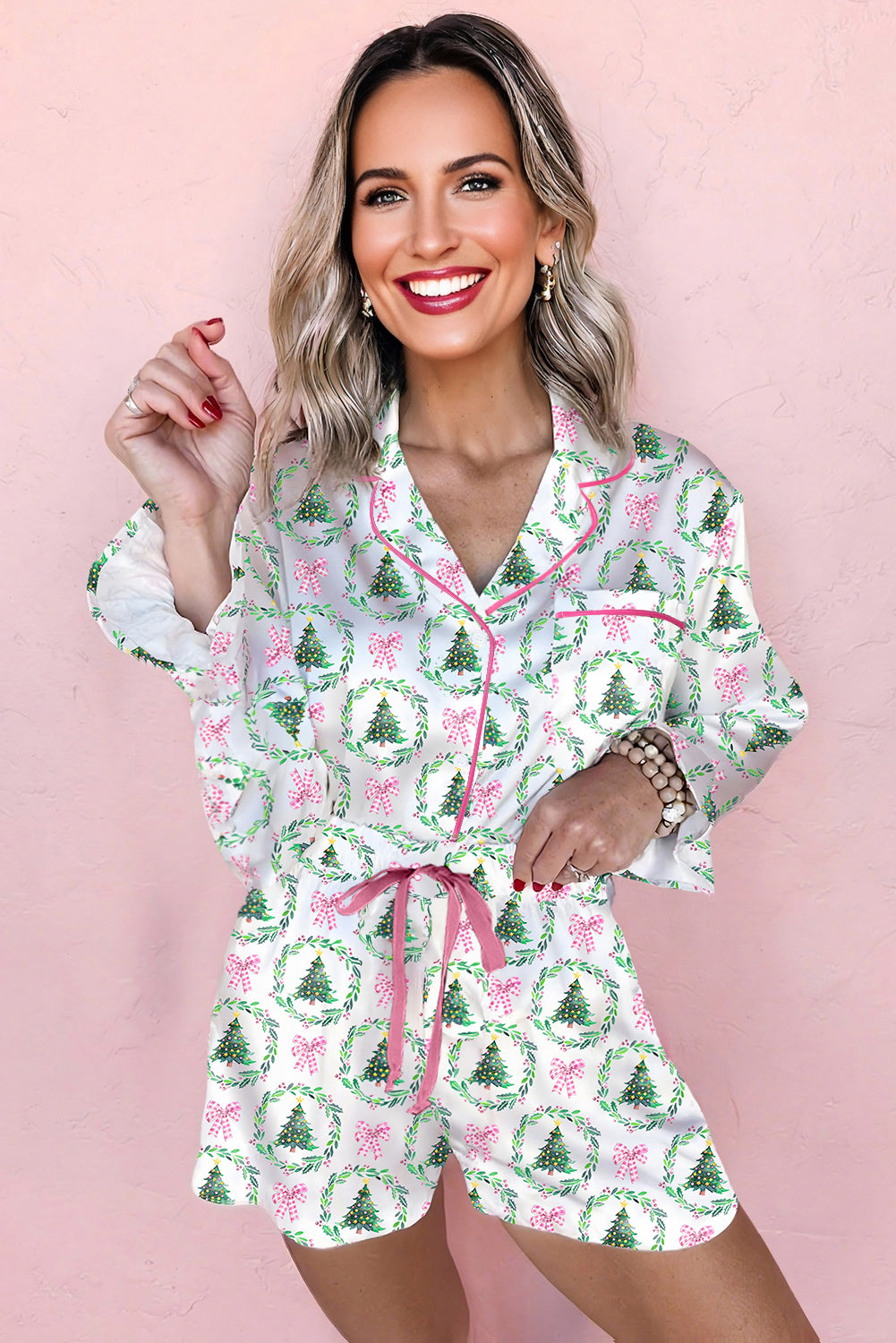 White Christmas Print Velvet Trim Bow Knot Pajama Shorts Set