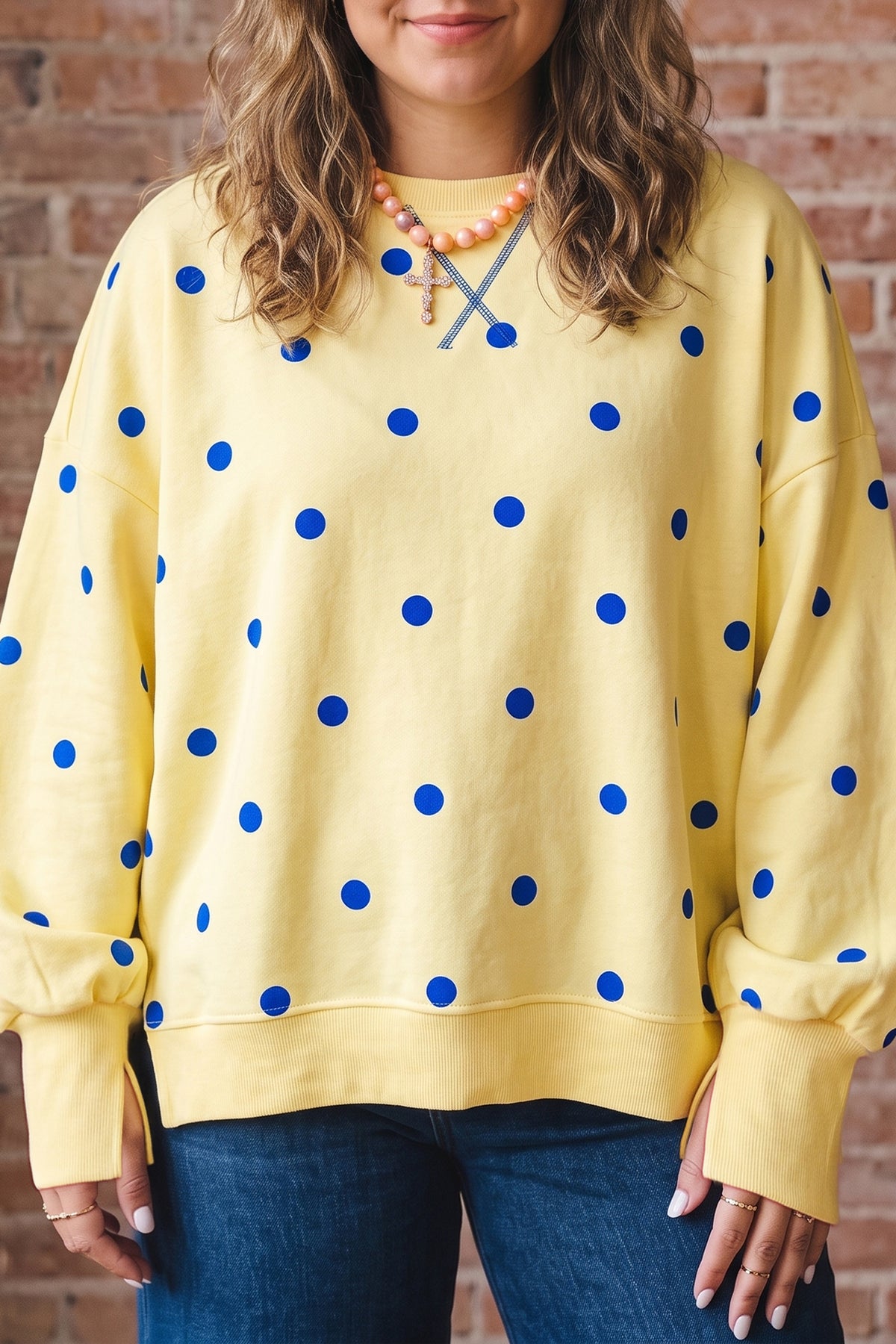 Yellow Round-Neck Long-Sleeve Polka Dot Plus Size Top