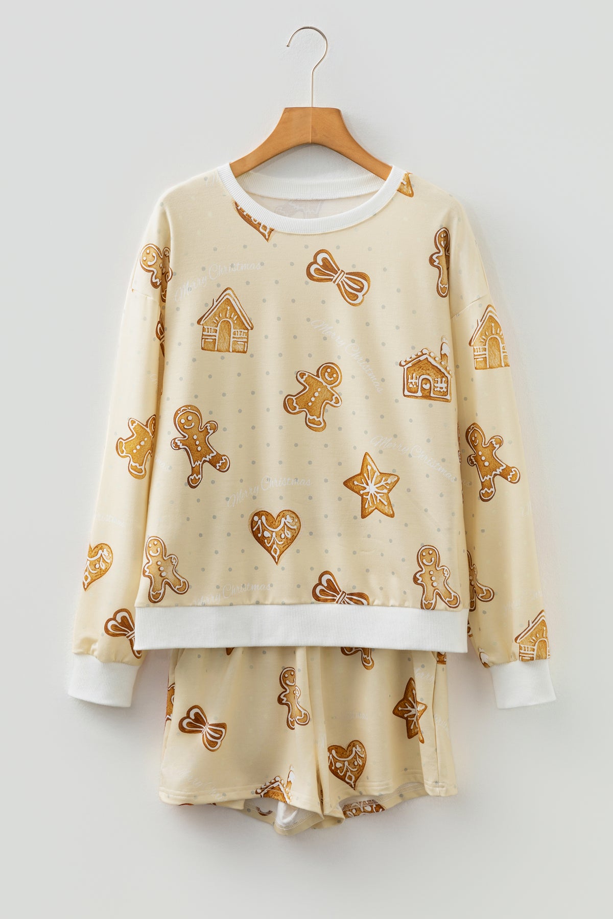 Beige Gingerbread Man Print Long Sleeve Pullover Lounge Shorts Set