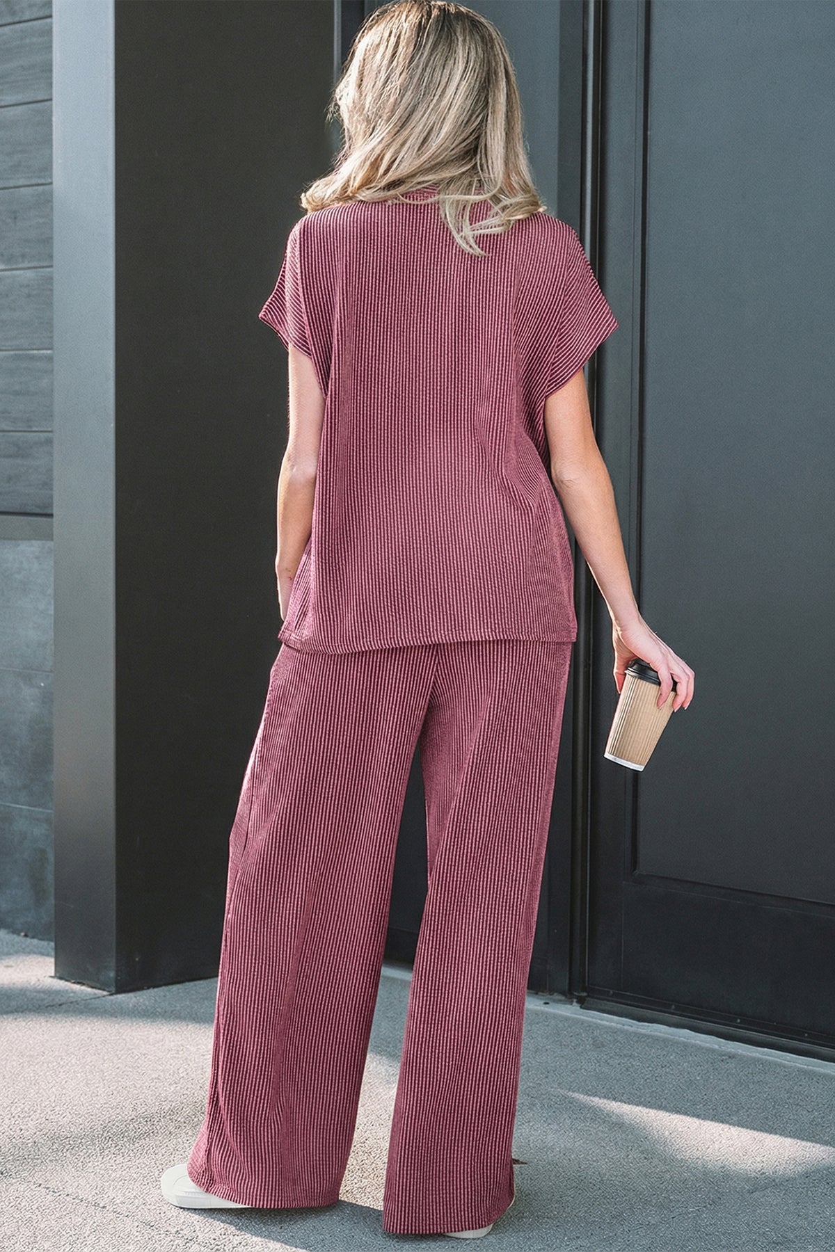Women's Burgundy Twisted Ribbed High Neck Tee Elastic High-Waist Pants Two-Piece Set