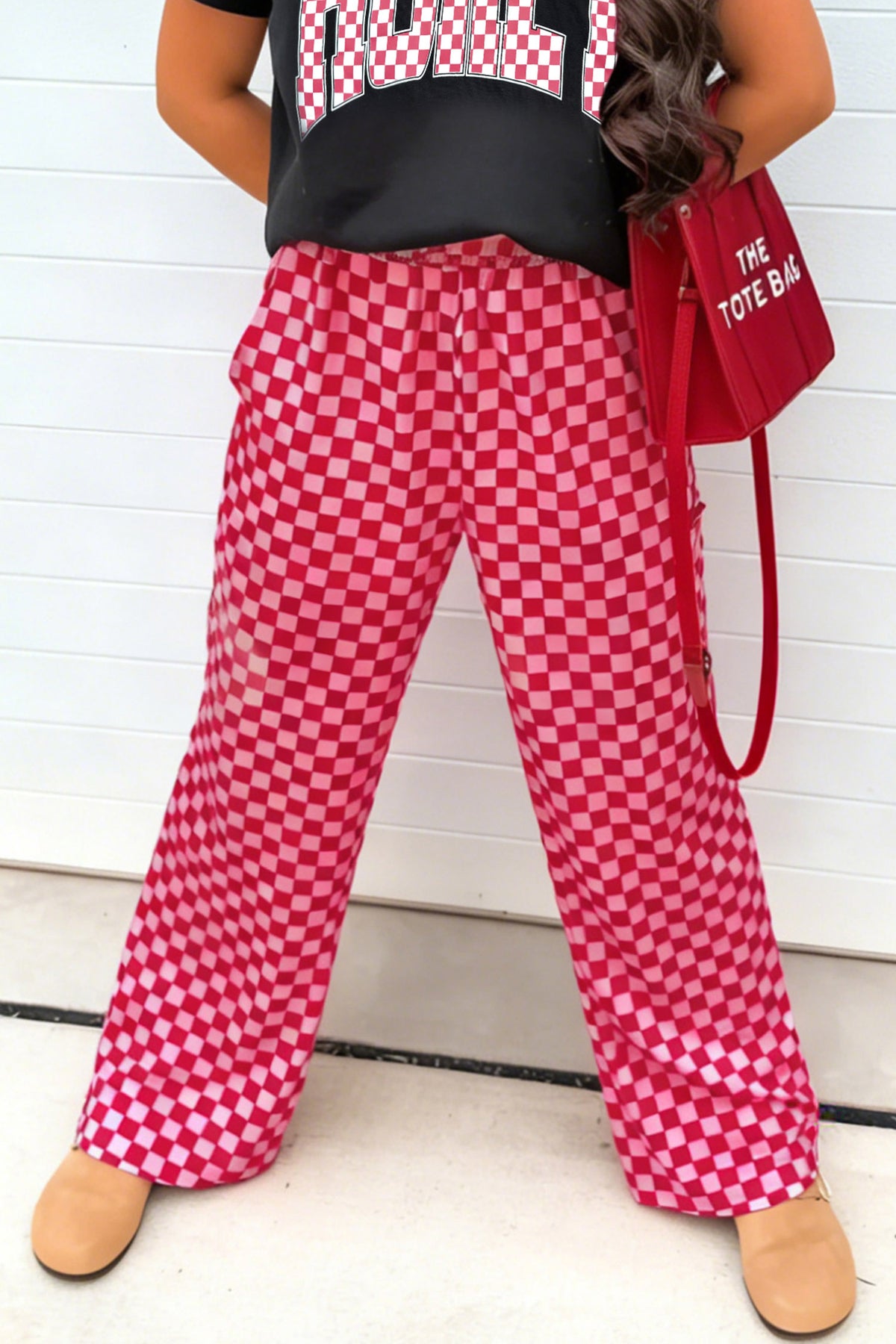 Rose Plaid Checkered Full-Length Casual Pants with Side Pockets