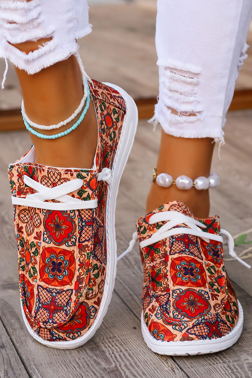 Fiery Red Western Printed Lacing Flat Slip-On Shoes