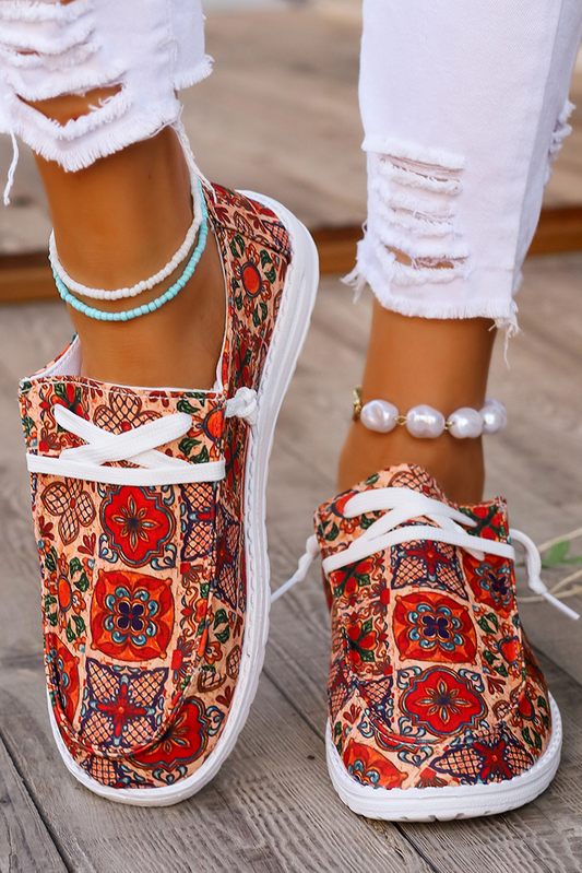 Fiery Red Western Printed Lacing Flat Slip-On Shoes