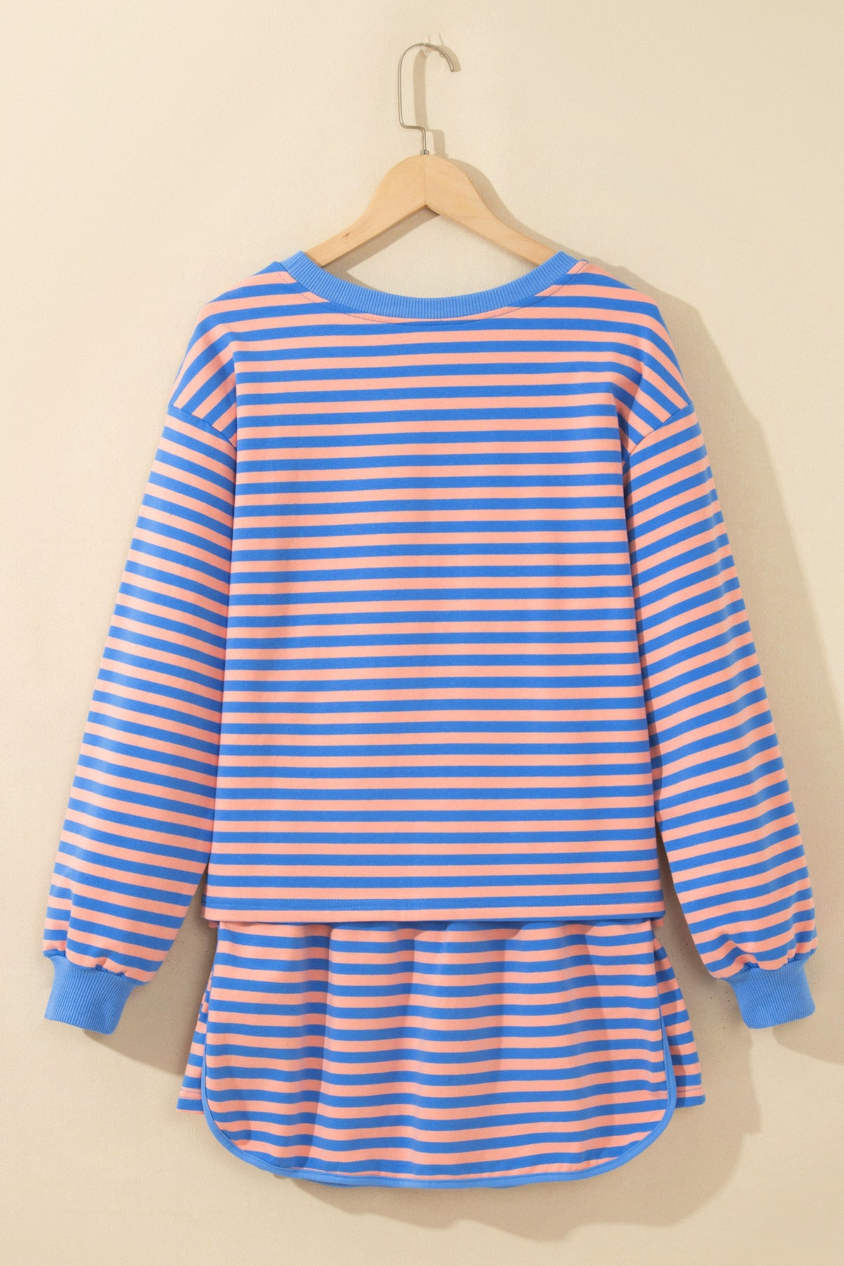 Women's Blue Stripe Long-Sleeve Relaxed Pullover Mini Skort Two-Piece Set