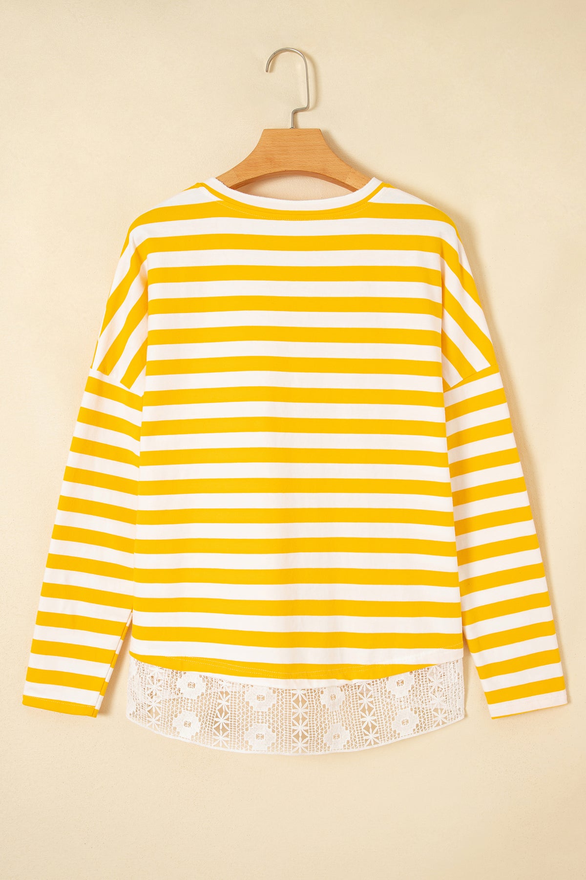 Yellow Stripe Striped Lace Patchwork V Neck Top