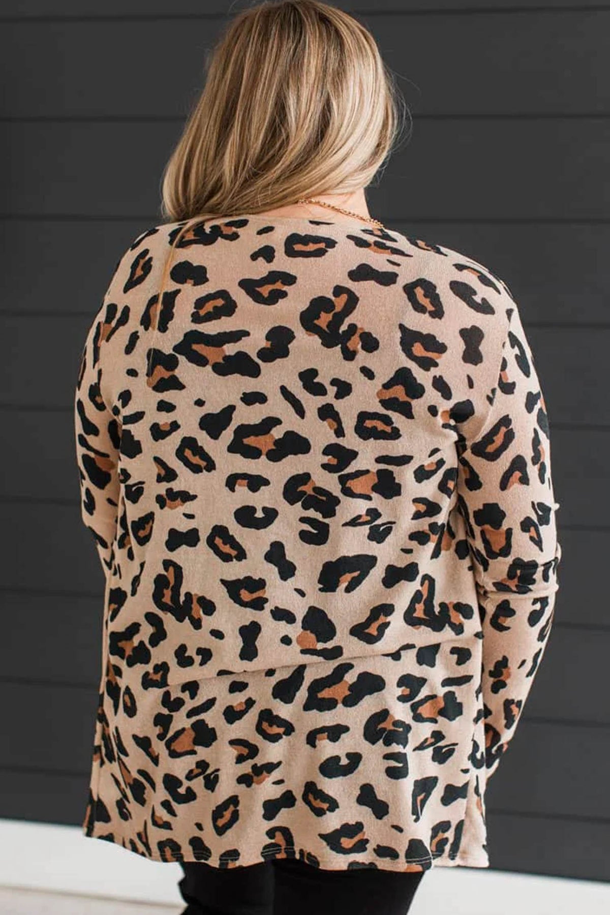 Khaki Leopard Print Long-Sleeve V-Neck Tunic Plus Size Cardigan