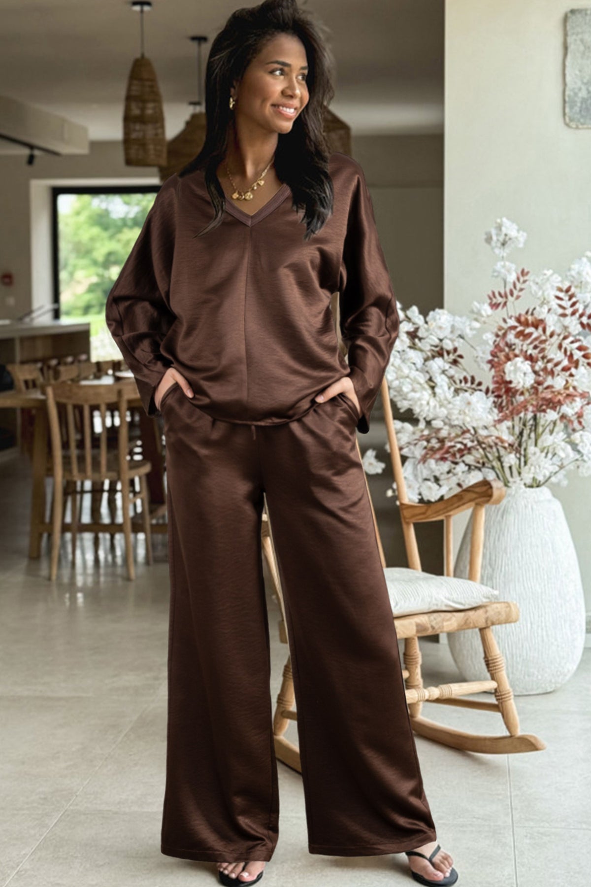 Women's Dark Brown Braided V-Neck Top & High-Waist Pants Two-Piece Outfit Set