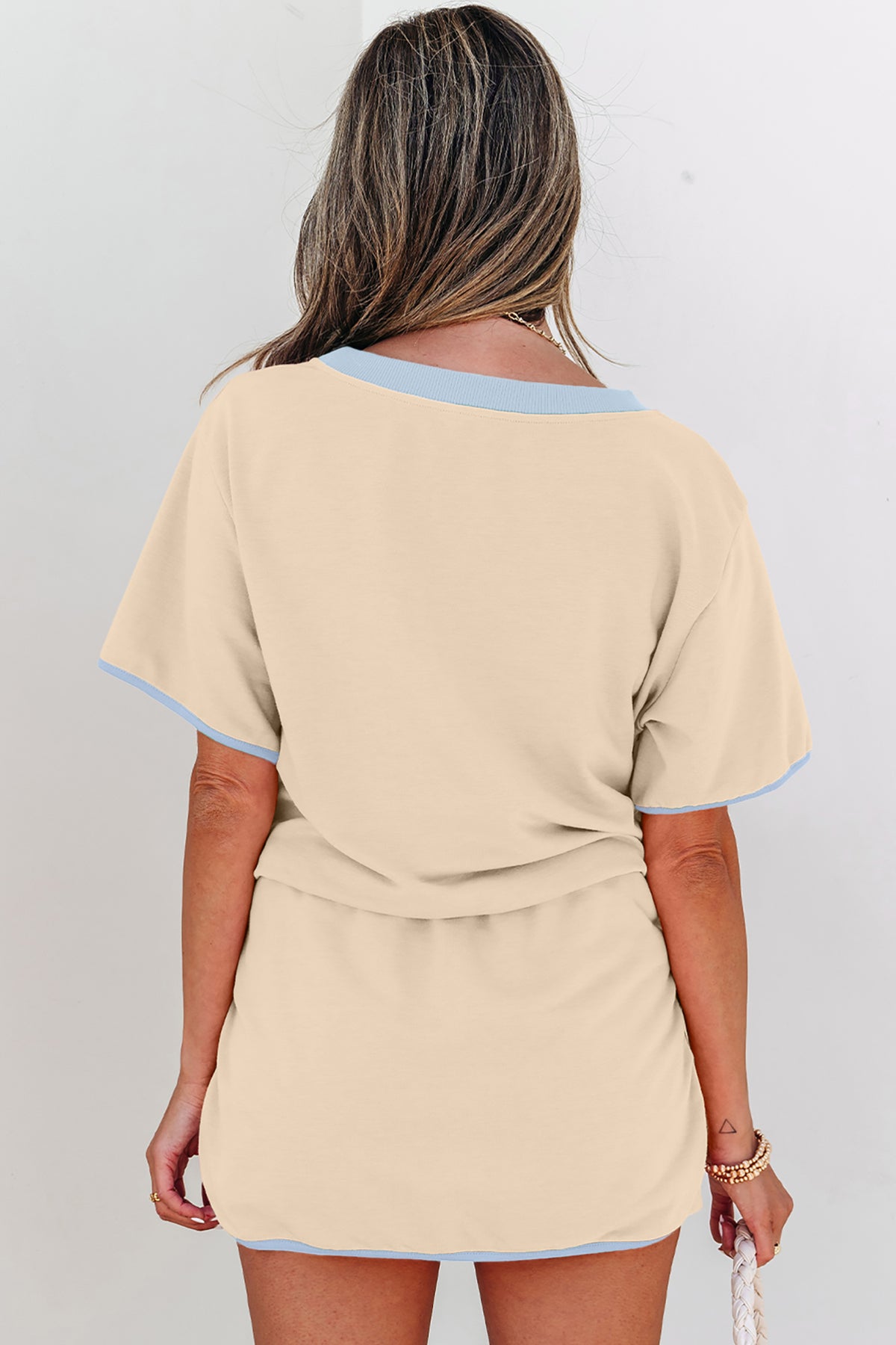 Women's Apricot Colorblock Edge Drop Shoulder T Shirt and Skort Two-Piece Set