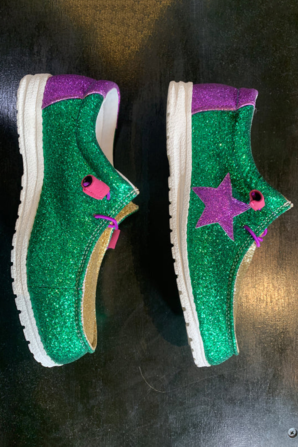 Tillandsia Purple Mardi Gras Star Glitter Color Block Patched Slip-On Shoes