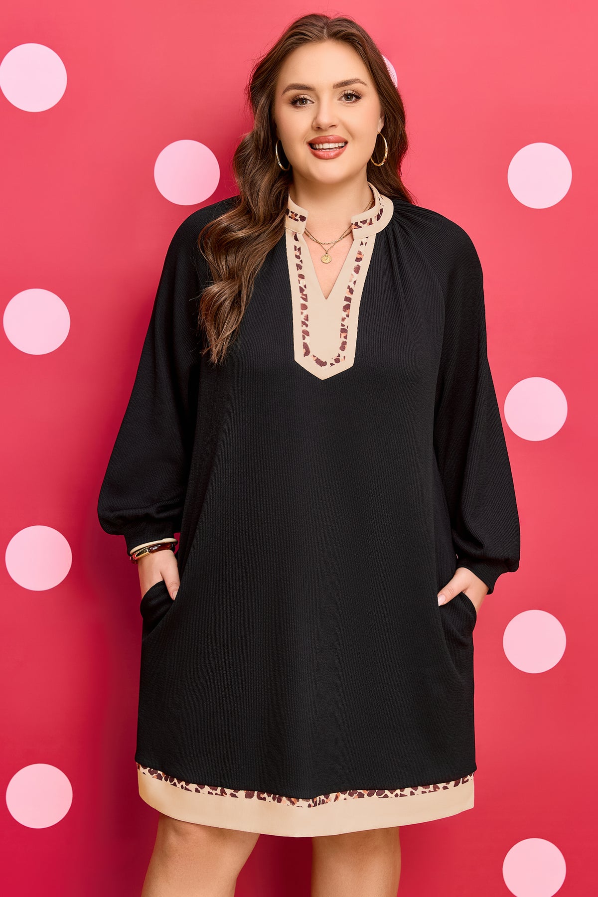 Black Contrast Color-Block Leopard Trim Plus Size Ribbed Dress