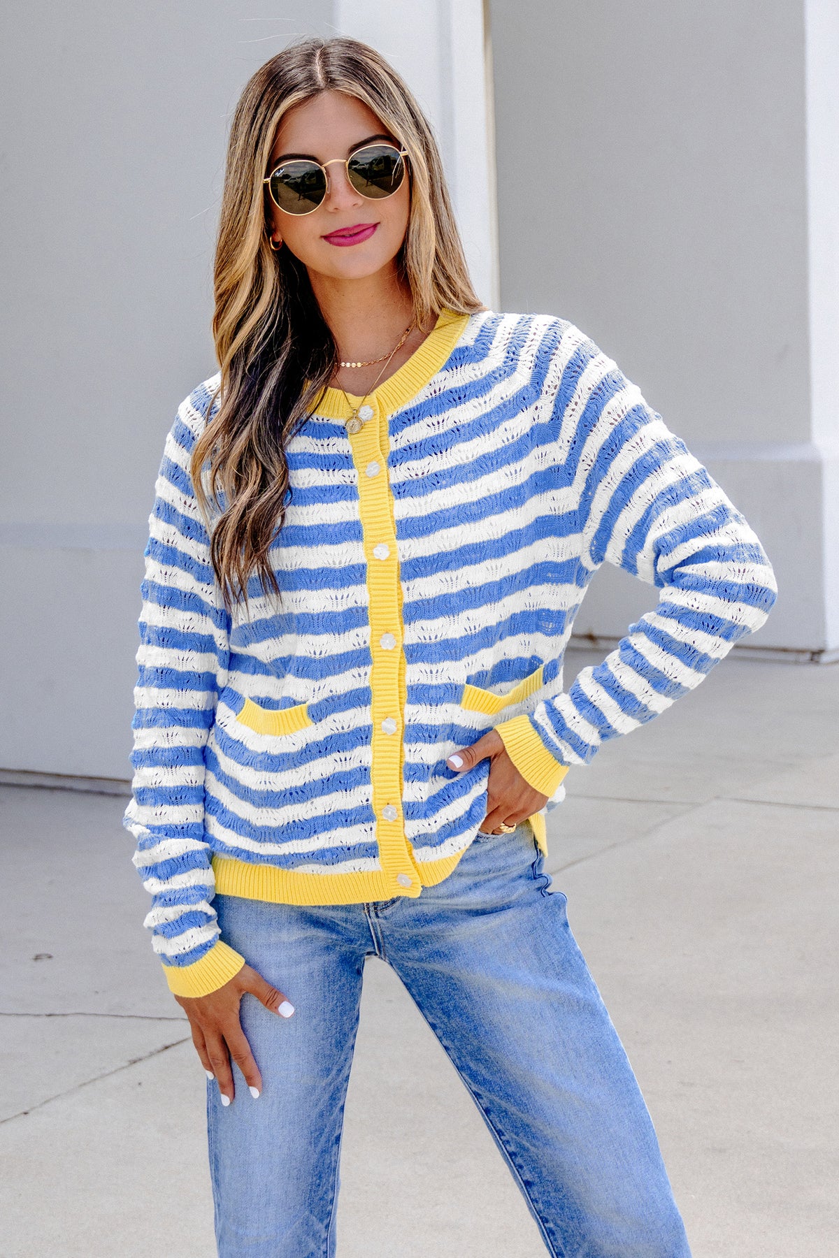 Sky Blue Stripe Striped Colorblock Button Front Long Sleeve Fit Knit Cardigan