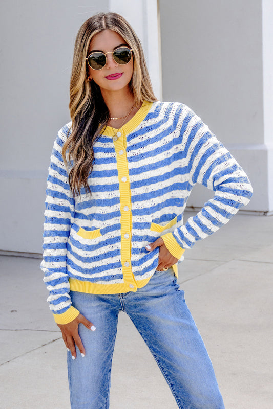 Sky Blue Stripe Striped Colorblock Button Front Long Sleeve Fit Knit Cardigan