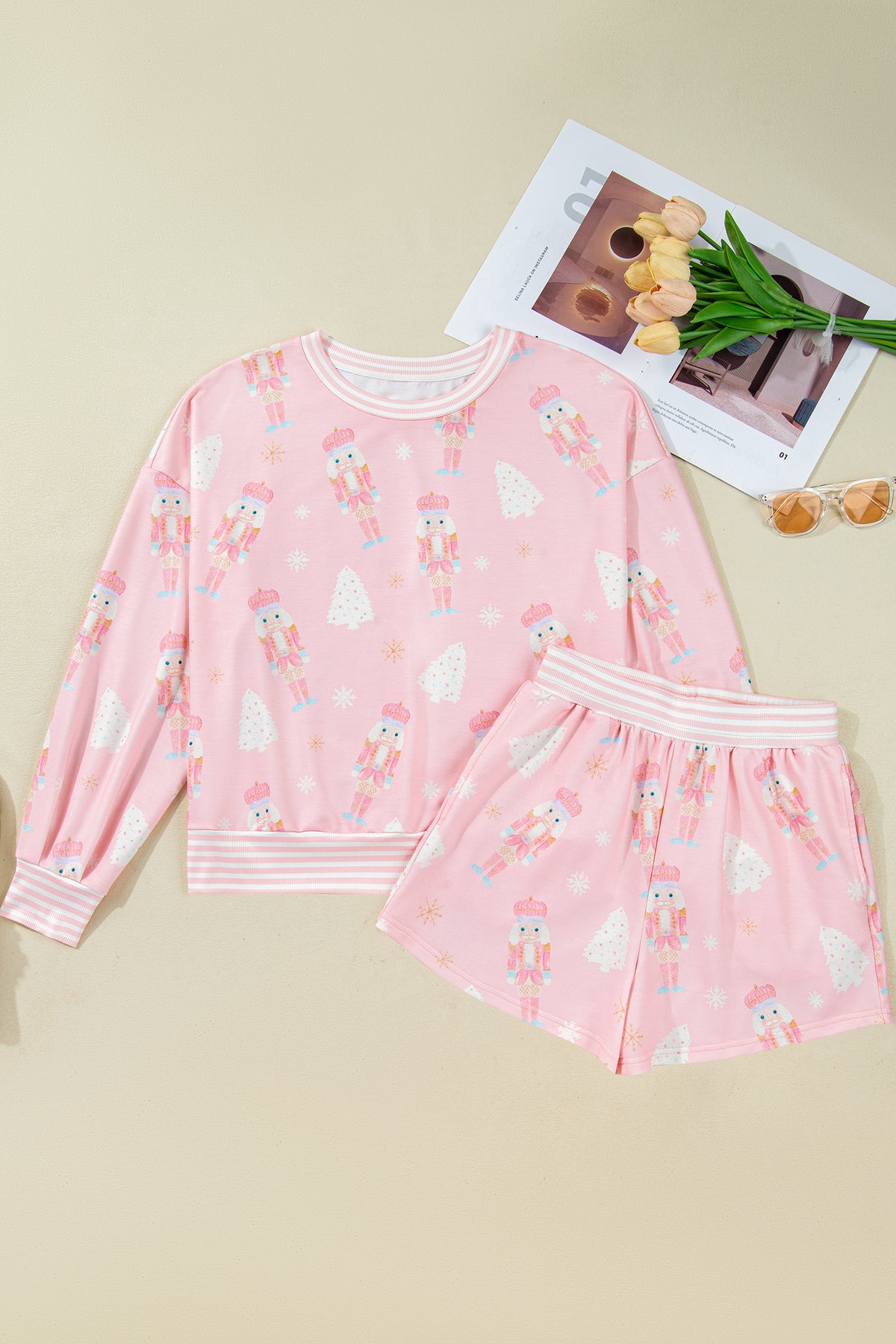 Women's Pink Christmas Tree Nutcracker Doll Print Contrast Trim Top Matching Shorts Set