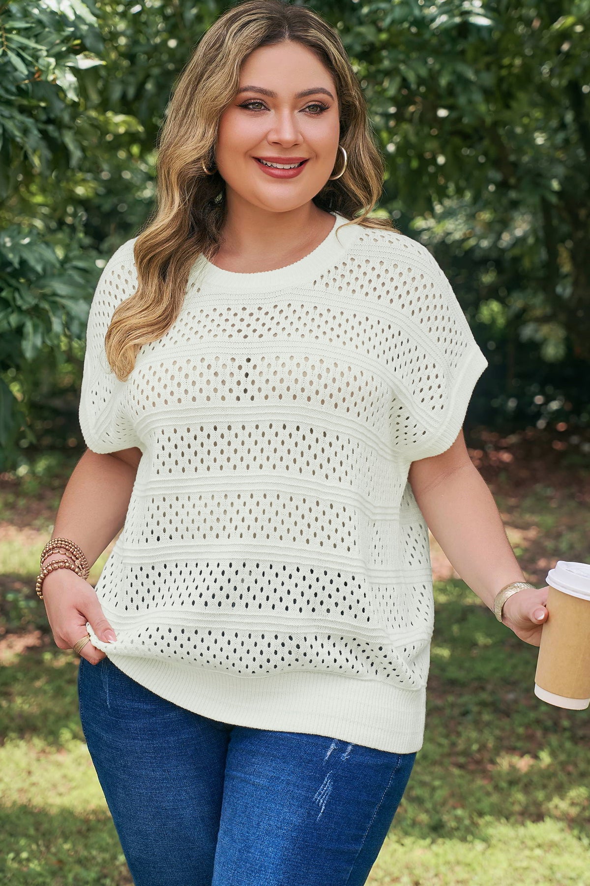 White Plus Size Eyelet Hollow Out Knit Ribbed Trim Short-Sleeve Dolman Sweater