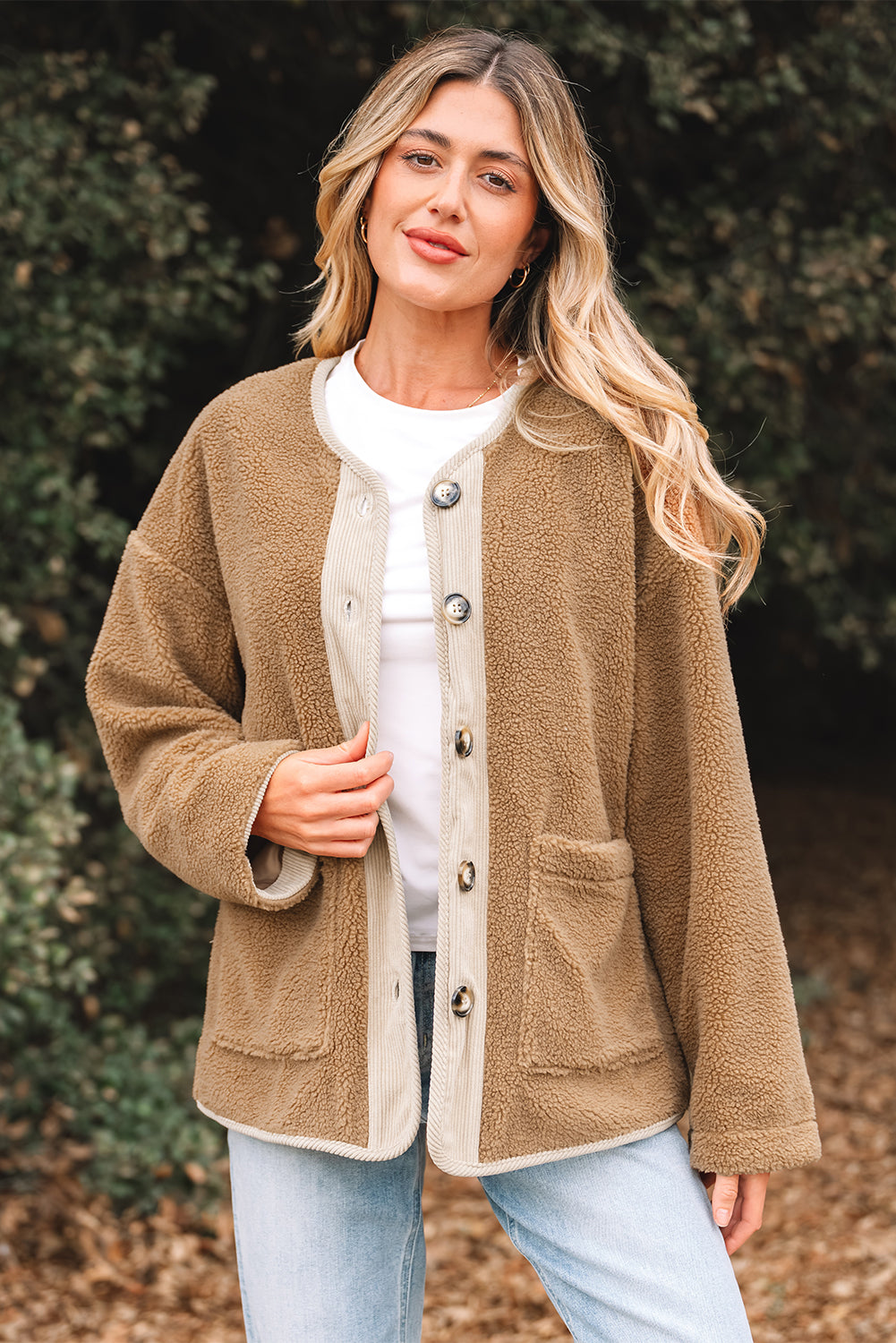 Light French Beige Puffy Plush Corduroy Edge Jacket with Big Pockets