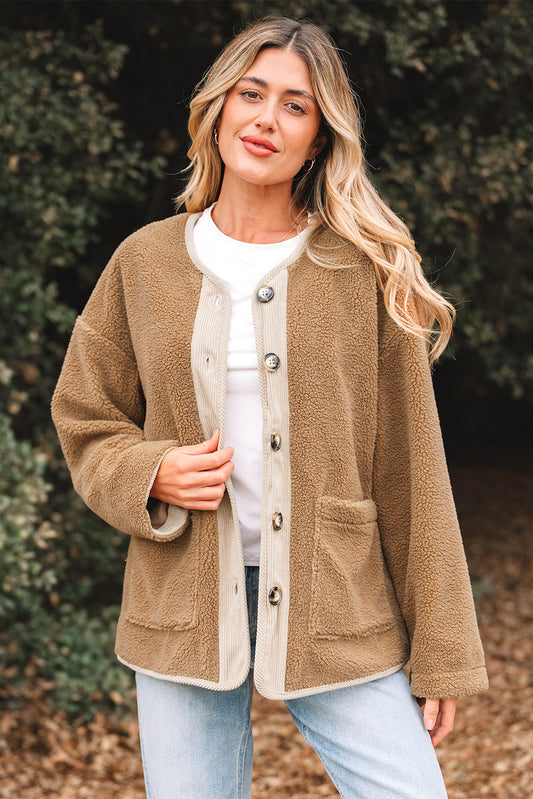 Light French Beige Puffy Plush Corduroy Edge Jacket with Big Pockets