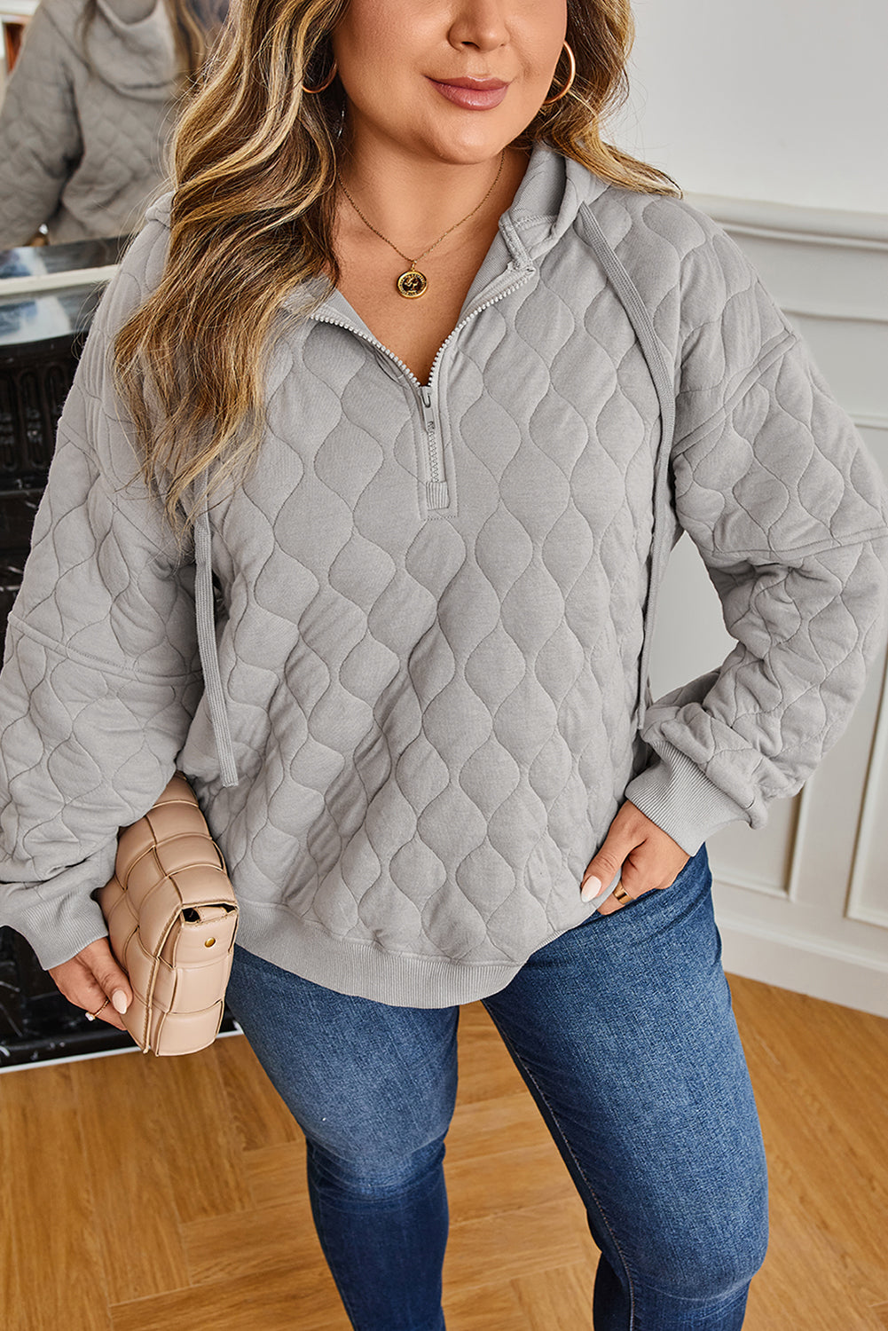 Women's Gray Quilted Quarter Zip Plus Size Hoodie Set