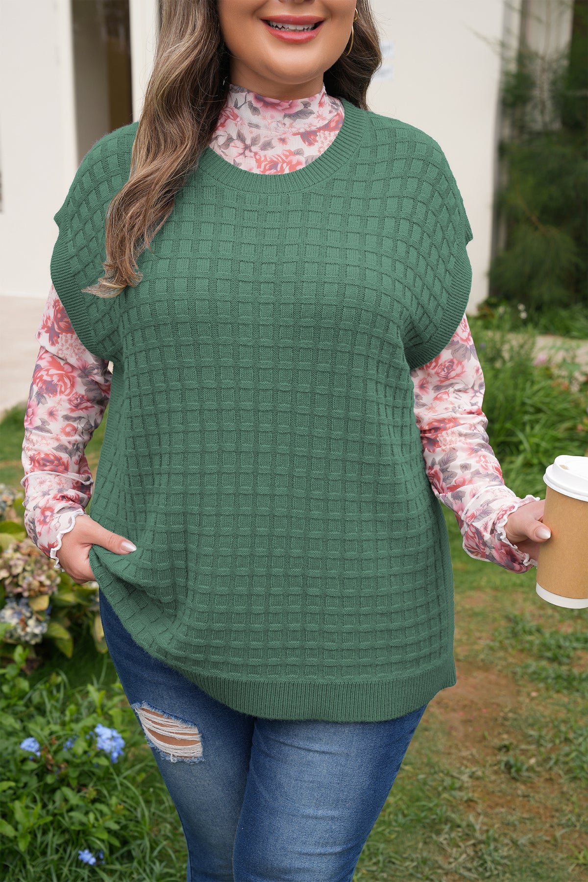 Mist Green Plus Size Solid Color Textured Knit Short-Sleeve Sweater