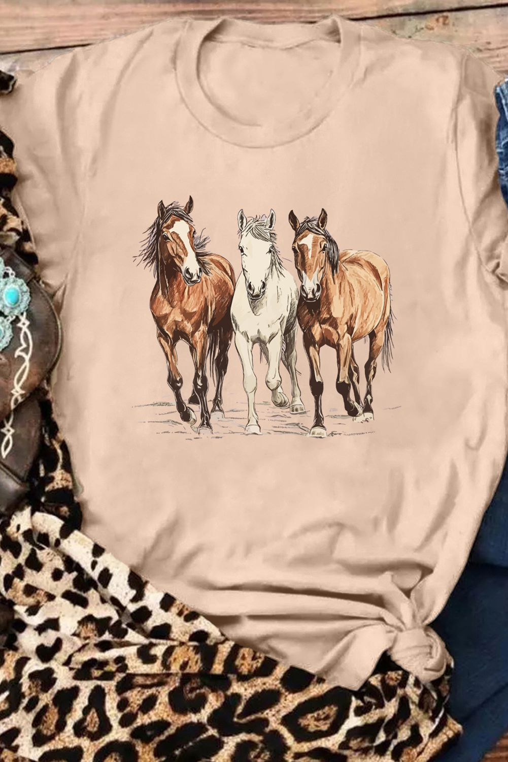 Khaki Gallant Horses Printed Casual T-Shirt