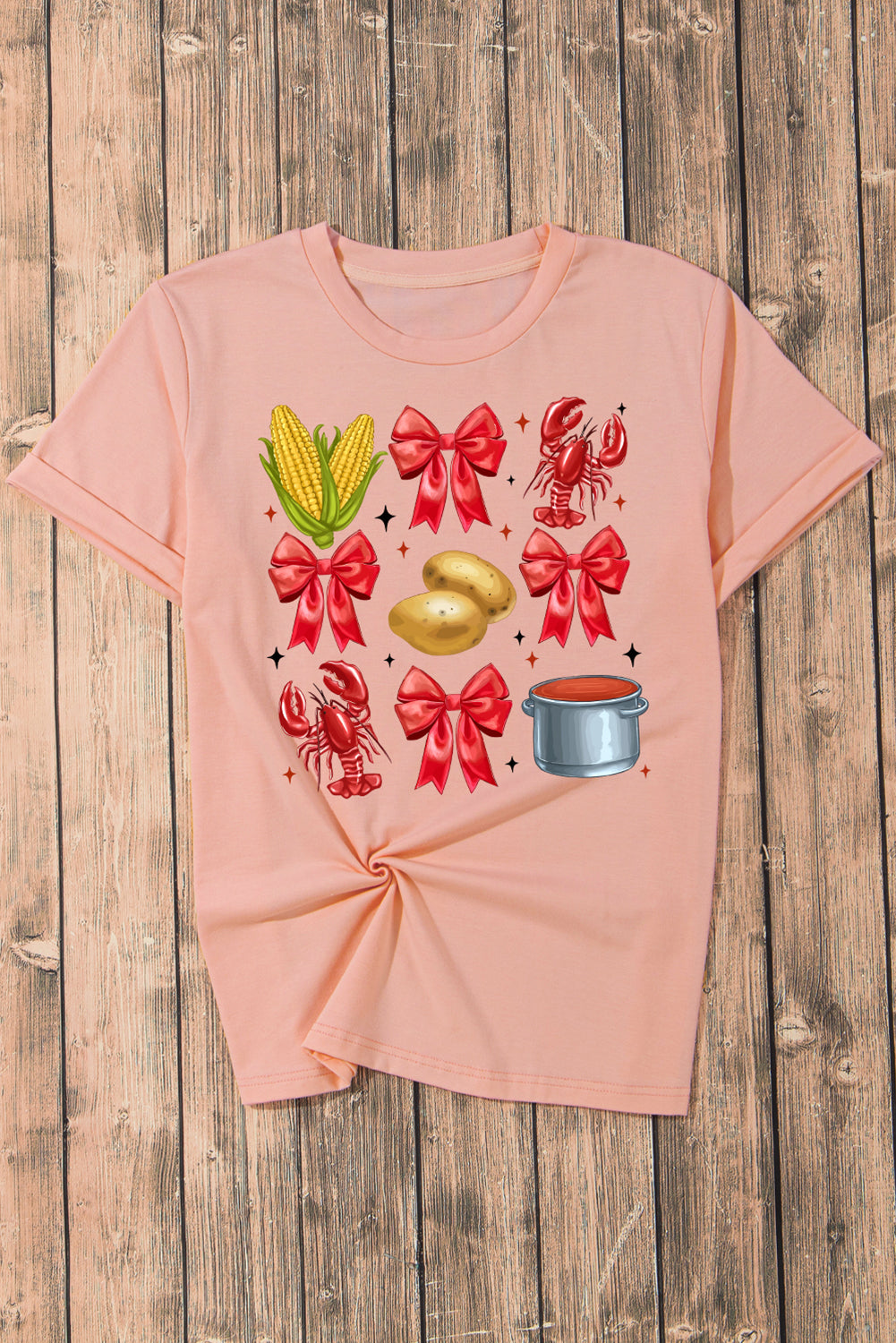 Pink Summer Food Bow Crawfish Printed T-Shirt