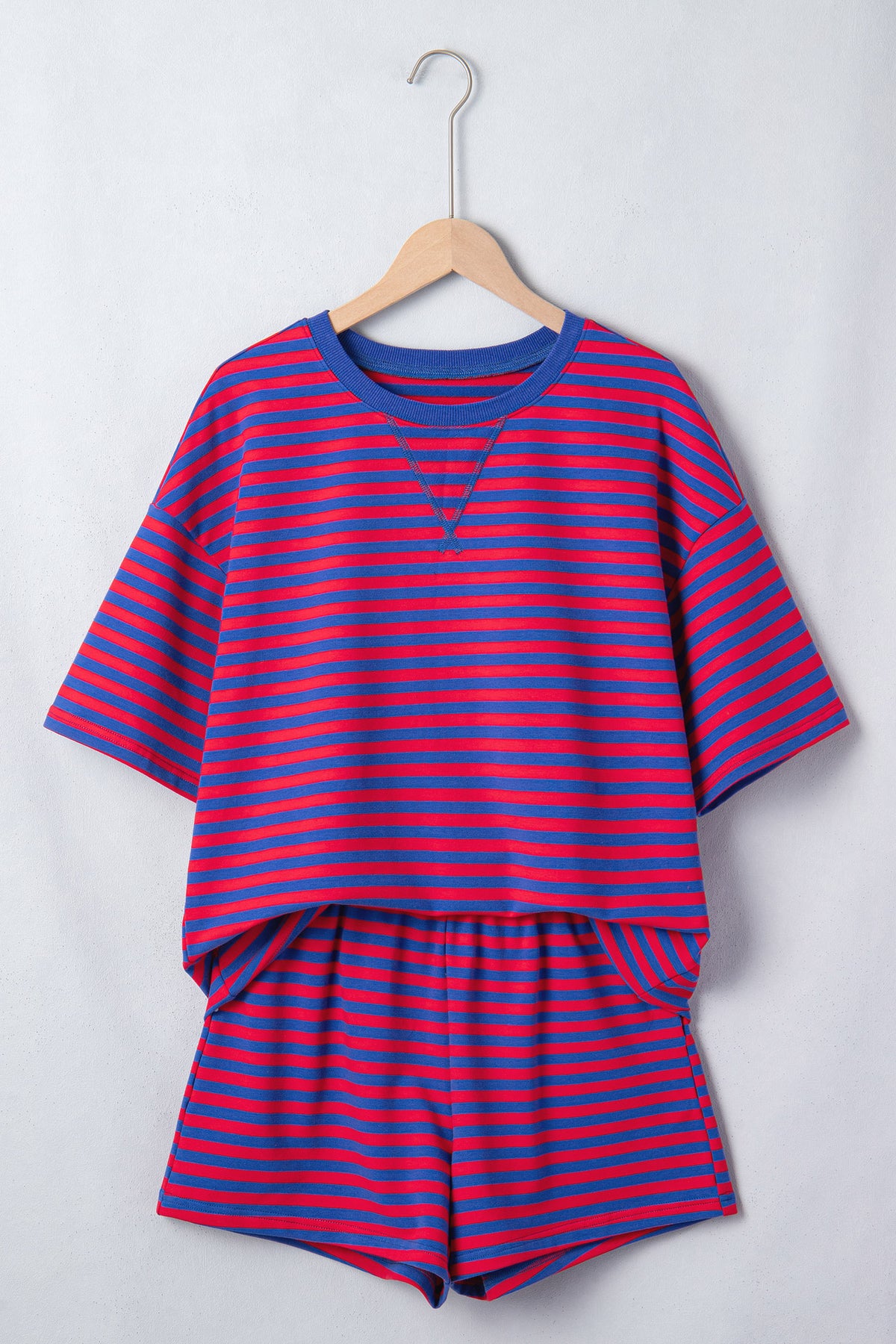 Women's Navy Stripe Striped Ribbed Cotton Two-Piece Shorts Two-Piece Set with Chest Patch Detai
