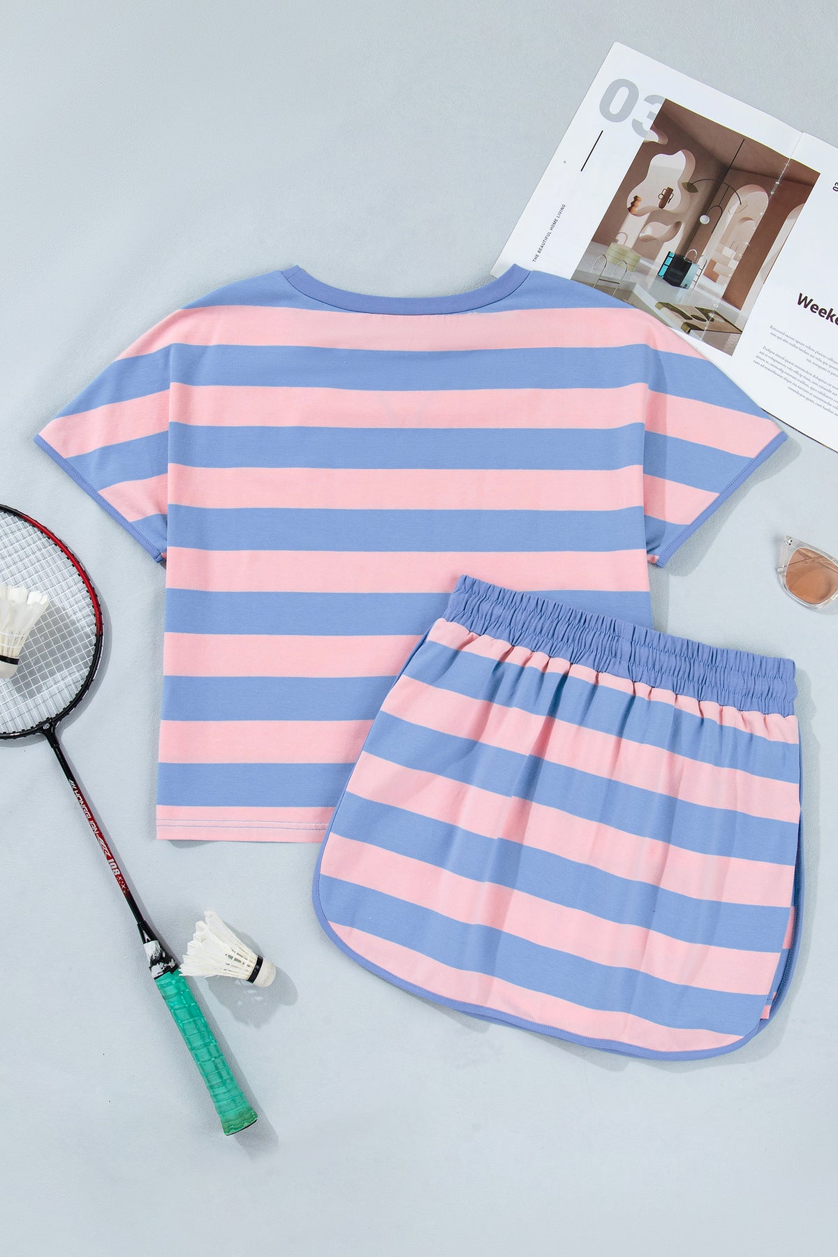 Women's Pink Stripe Dolman Tee Skort Athletic Two-Piece Set