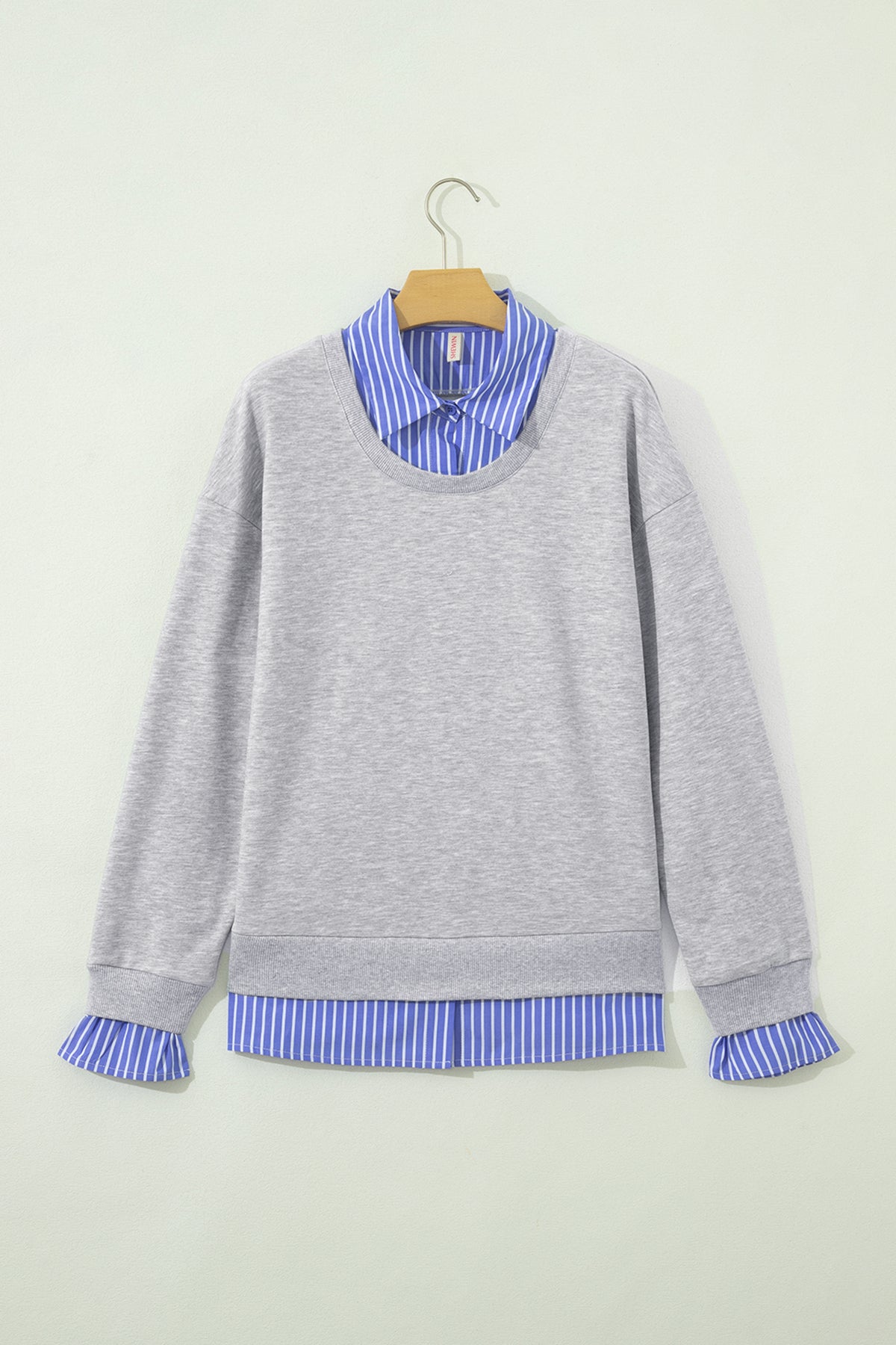 Light Grey Striped Collar 2-in-1 Patchwork Sweatshirt