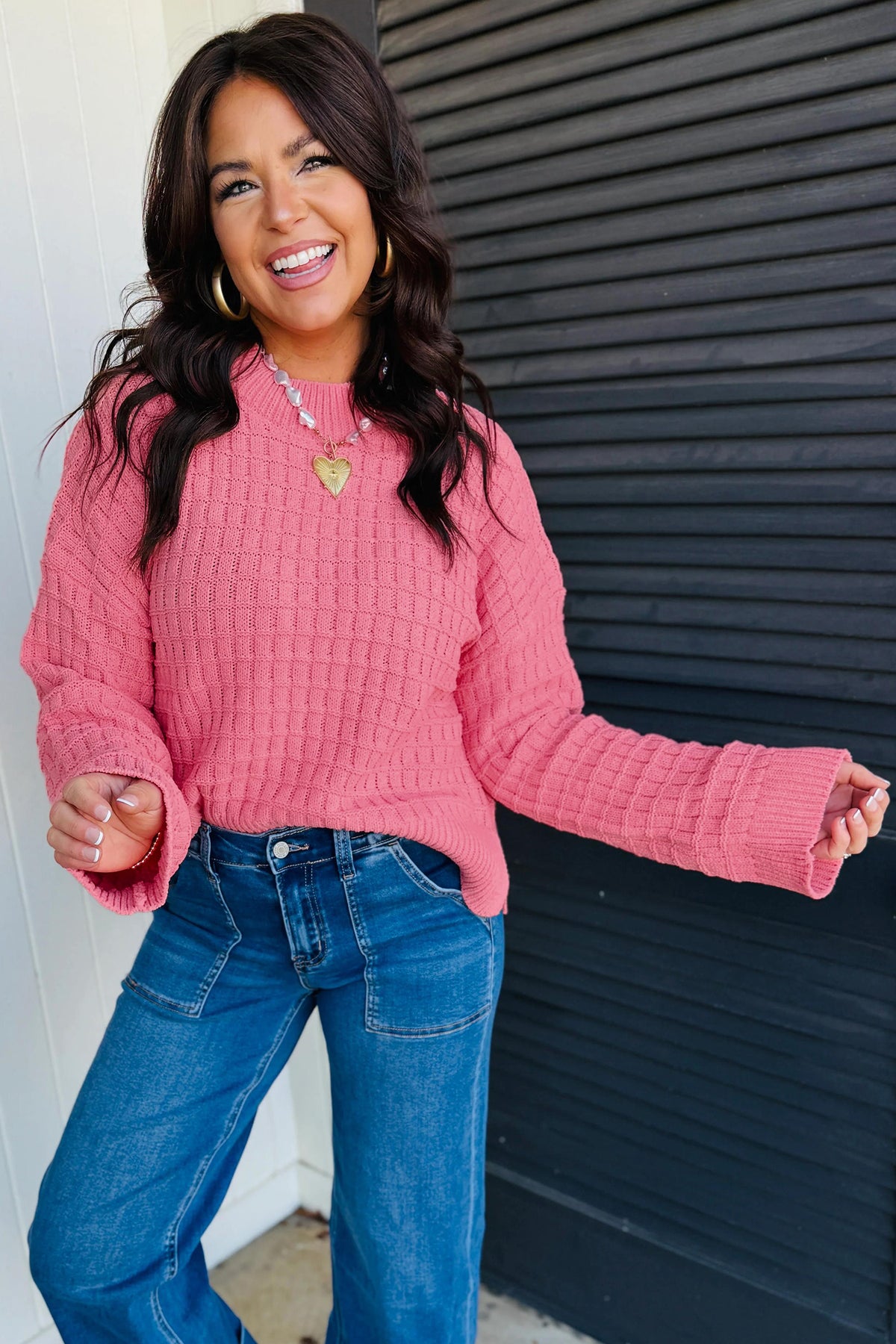 Peach Blossom Drop Shoulder Long Sleeve Knit Sweater