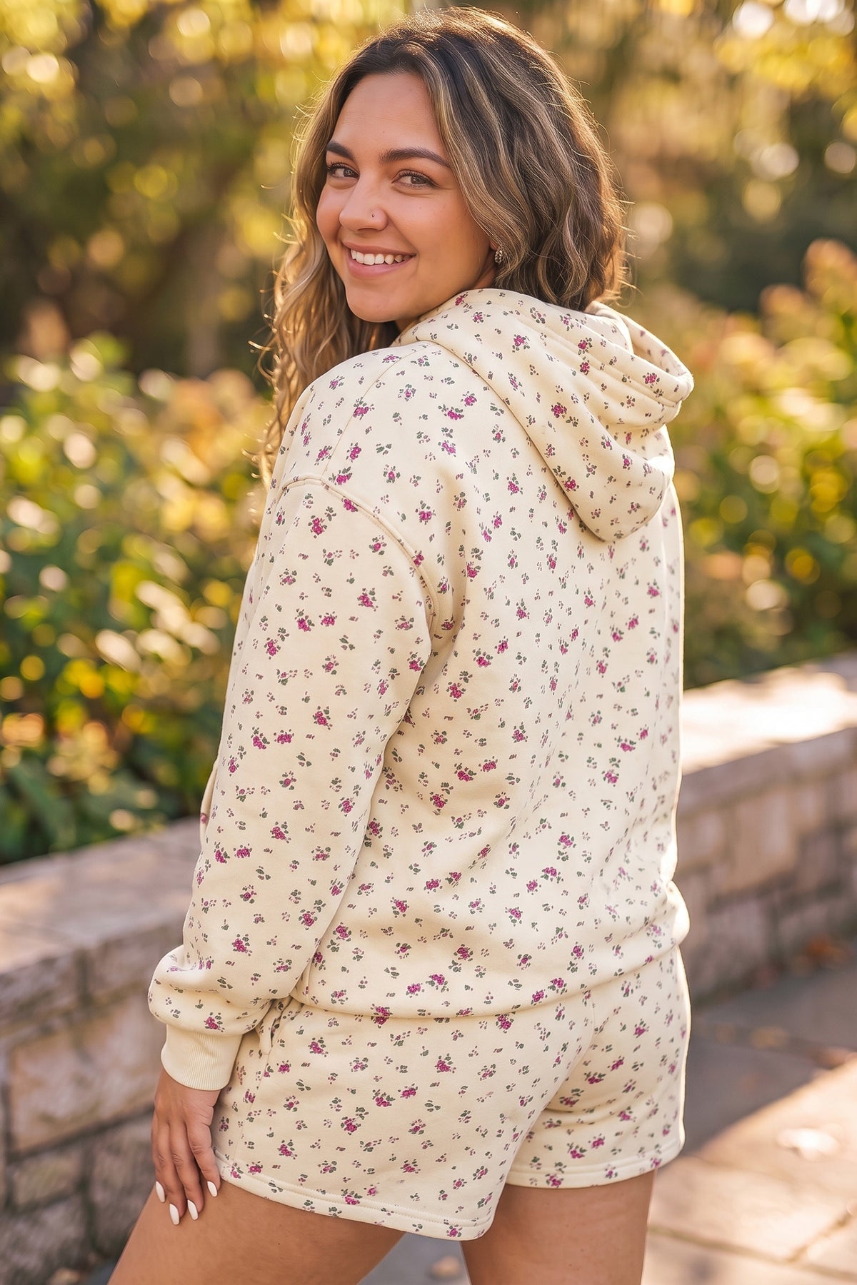 Beige Floral Print Hooded Long-Sleeve Plus Size Set