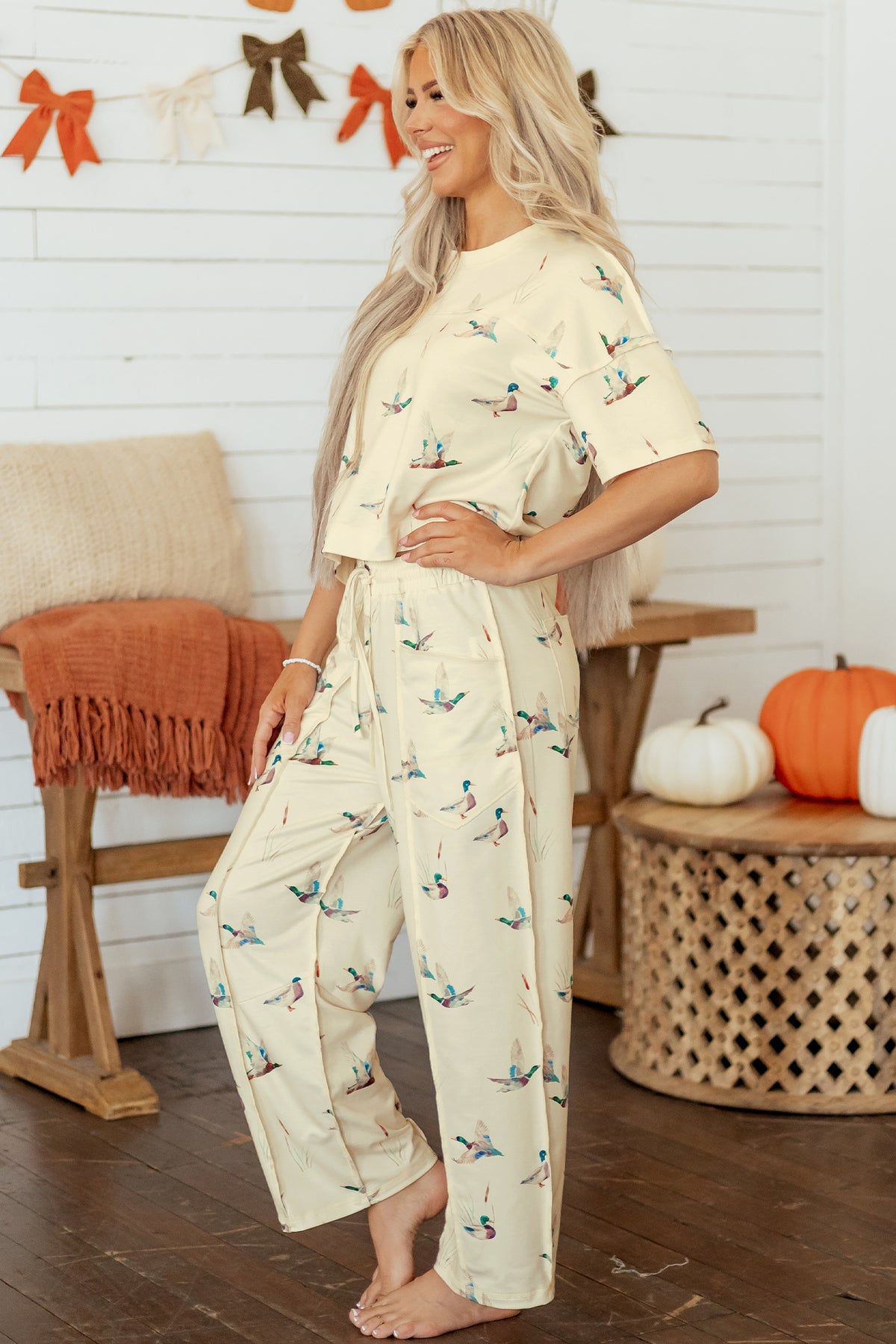 Beige Duck Print Short Sleeve Top Pocket Pants Casual Set
