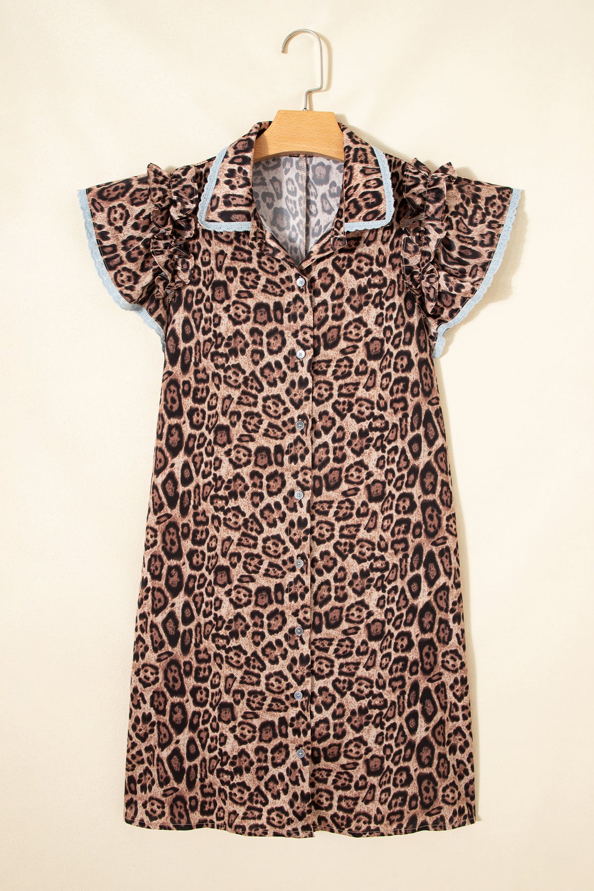 Khaki Leopard Print Lace Trim Shirt Collar Button Down Mini Dress