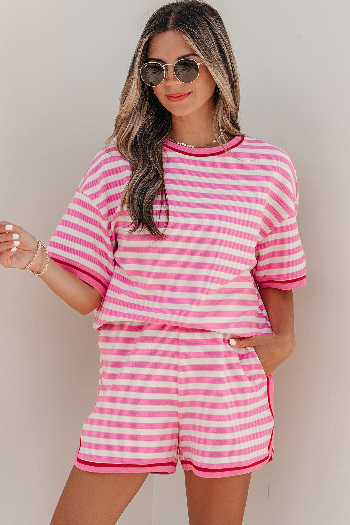 Women's Pink Stripe Contrast Trim Short-Sleeve Top Shorts Two-Piece Outfit Set