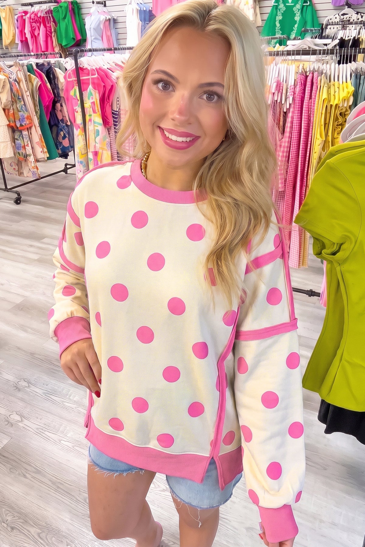 White Polka Dot Contrast Patchwork Round Neck Sweatshirt