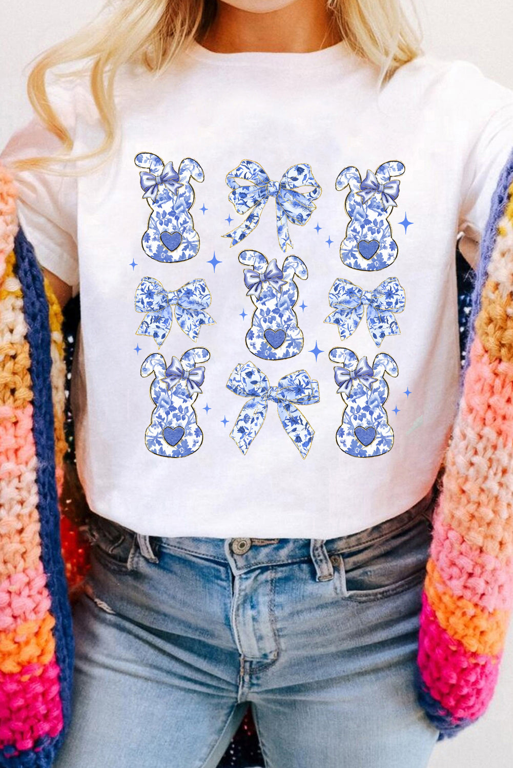 White Bowknot Bunny Graphic Easter Fashion T-Shirt