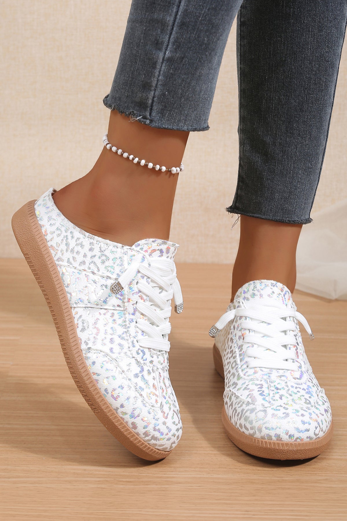 White Shiny Leopard Print Lace-Up Slip-On Sneakers