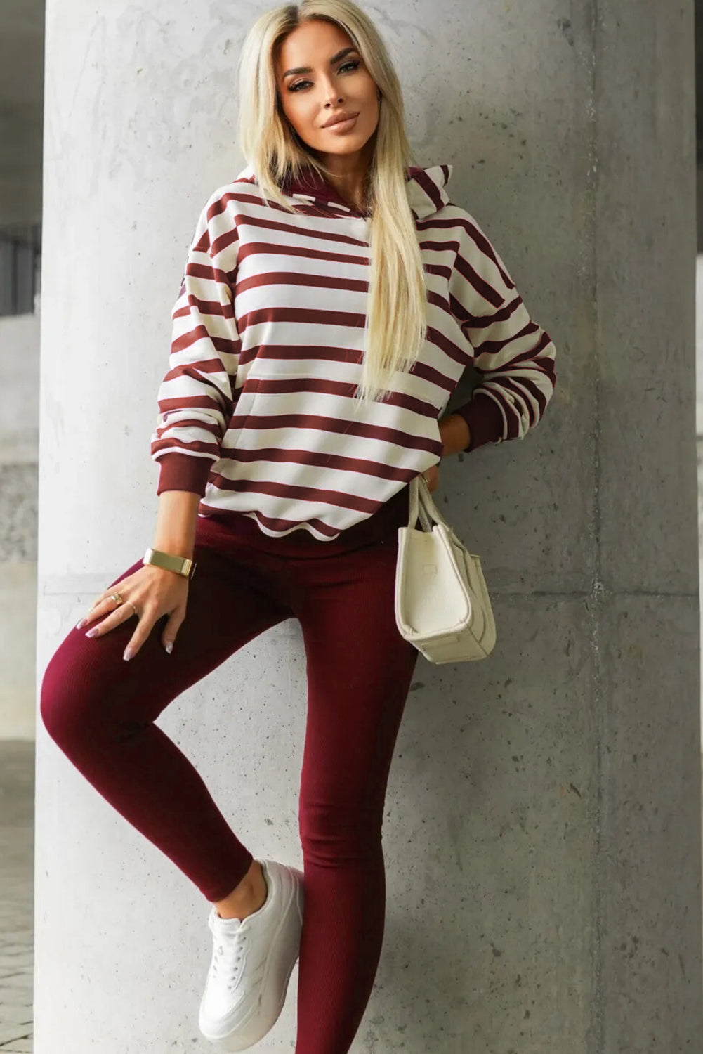 Women's Red Stripe Pullover Hoodie Ribbed Solid Pants Two-Piece Set Outfit