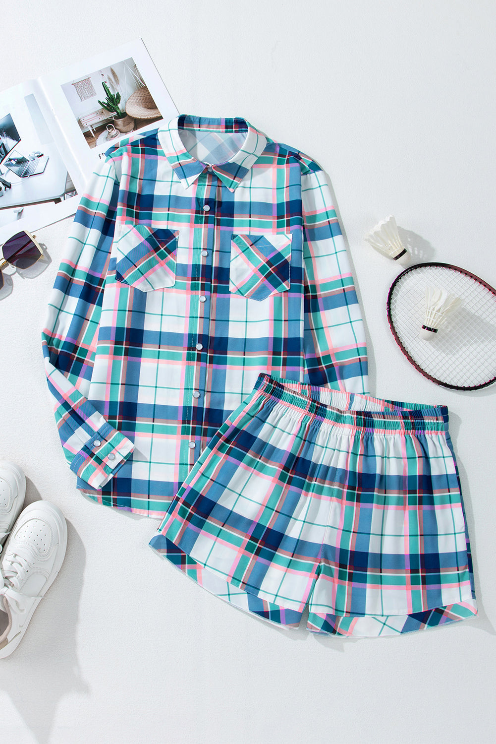 Blue Plaid Print Shirt and Shorts Lounge Set