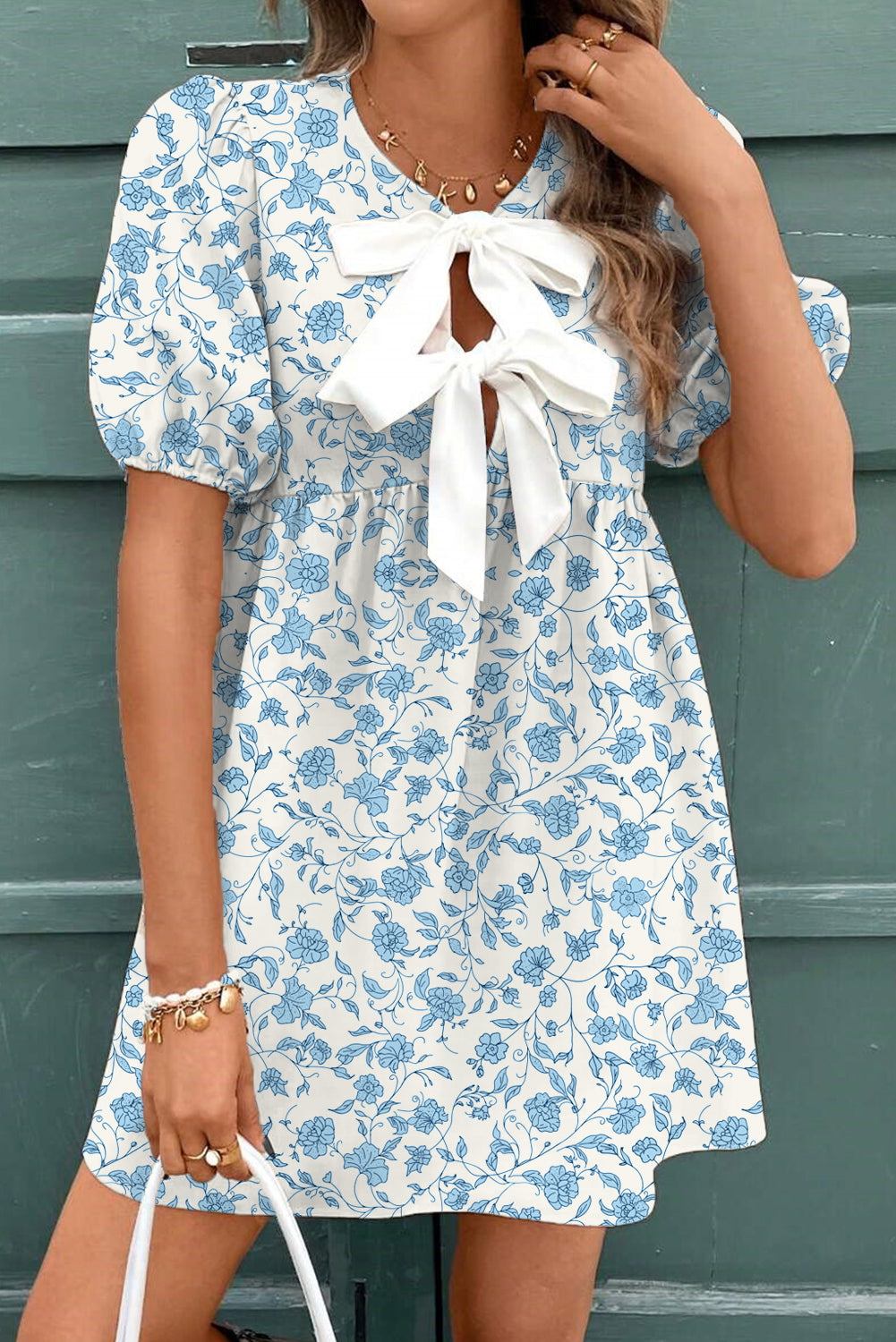 Sky Blue Floral Contrast Bow Puff Sleeve Mini Dress