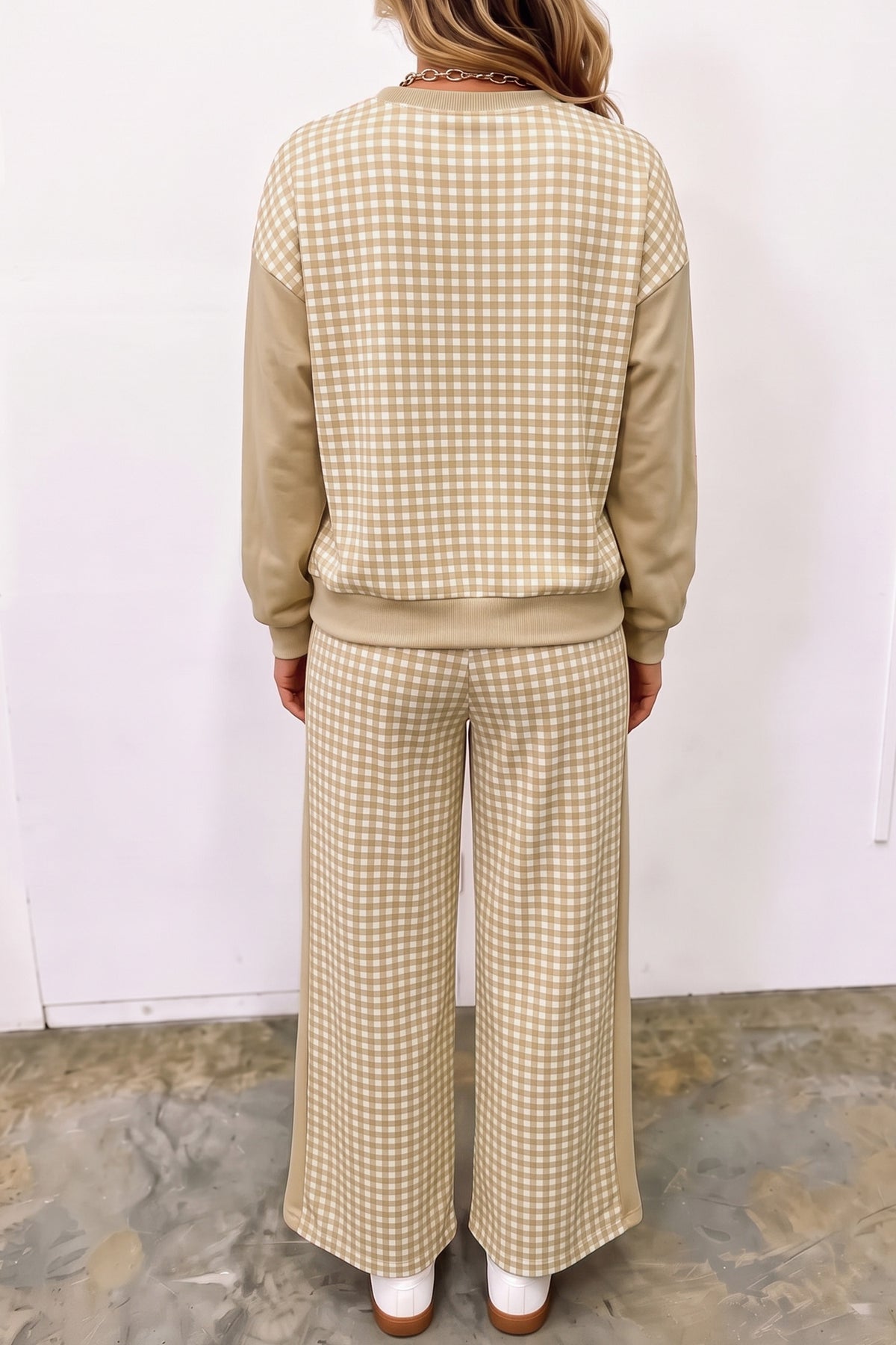 Women's Red Color Block Plaid Patchwork Long-Sleeve Pullover Wide-Leg Pants Set