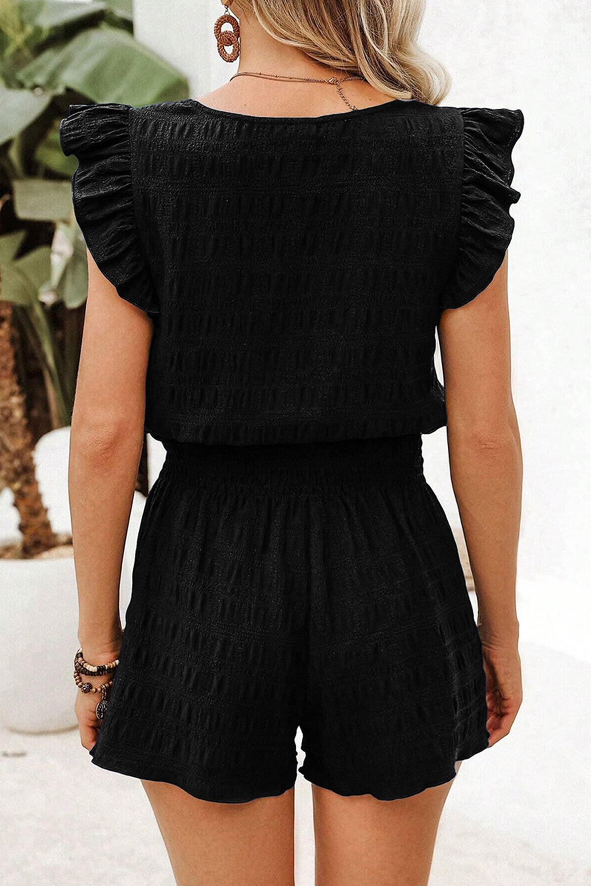 Women's Dark Green Textured Square Neck Top and Shirred High-Waist Shorts Set