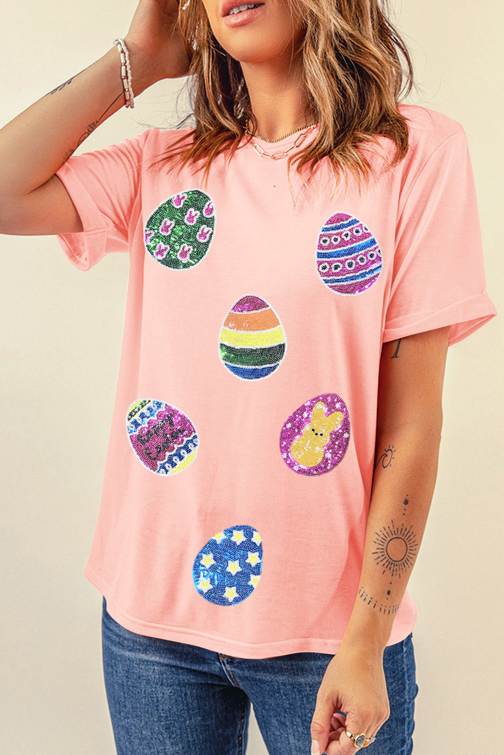 Pink Sequin Easter Eggs Graphic Crewneck T-Shirt