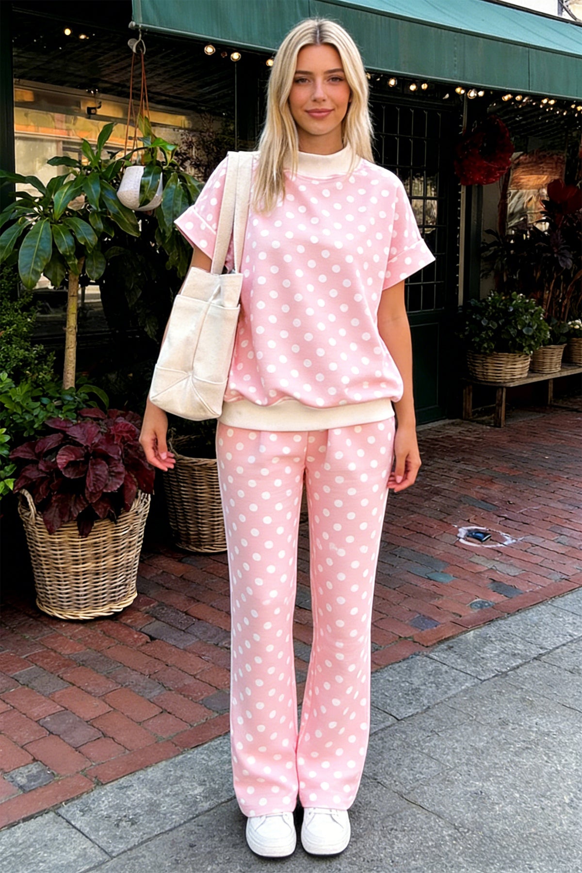 Women's Pink Polka Dot Print Mock Neck Short-Sleeve Top Shift Pants Two-Piece Set