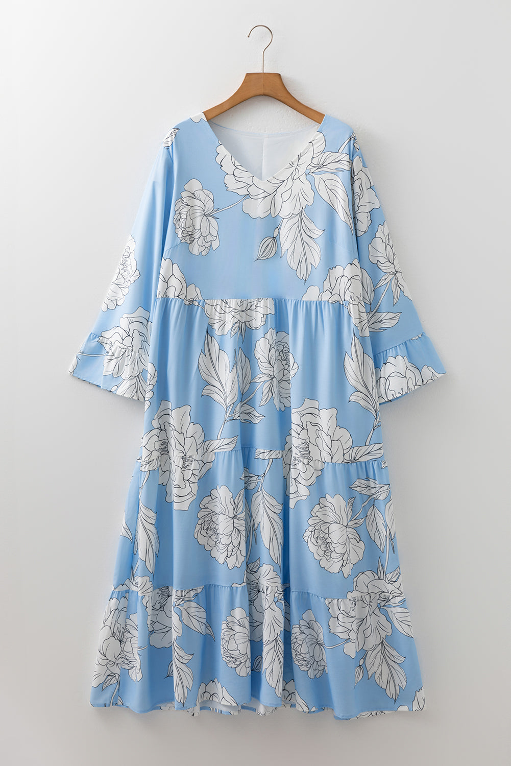 Sky Blue Floral Tiered Plus Size Maxi Dress