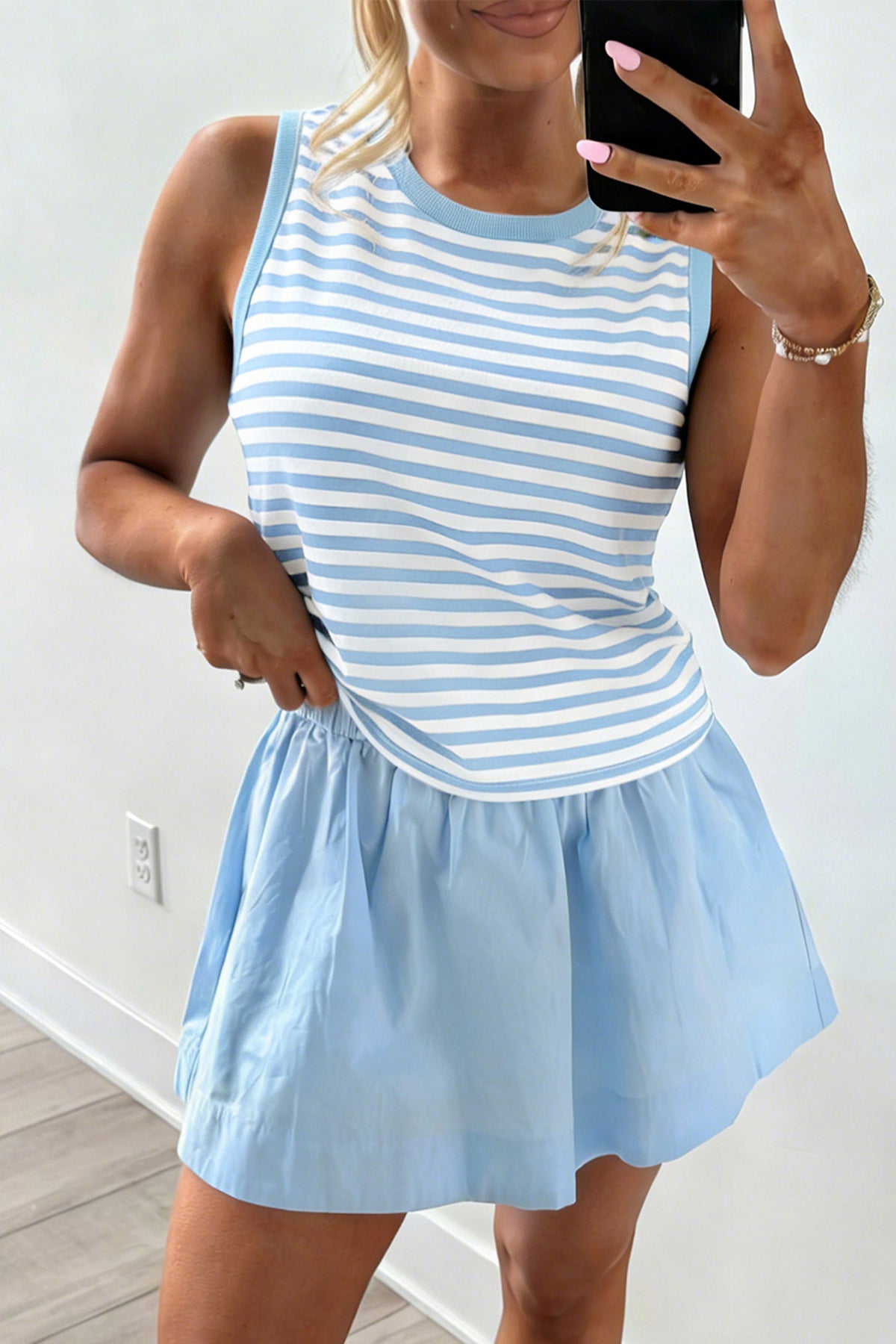 Women's Sky Blue Stripe Slim Tank Contrast Ruffle Mini Skort Set