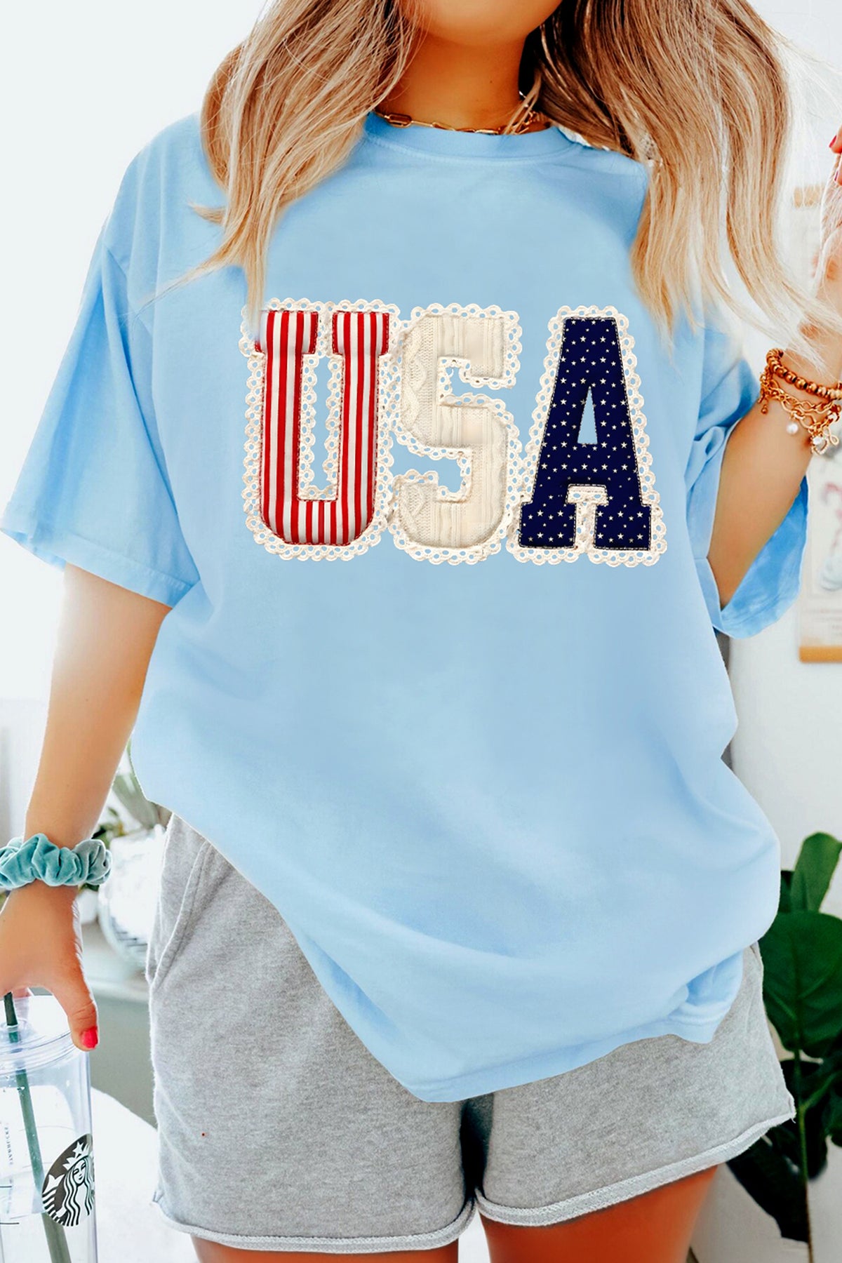 Light Blue USA Patriotic Printed T-Shirt