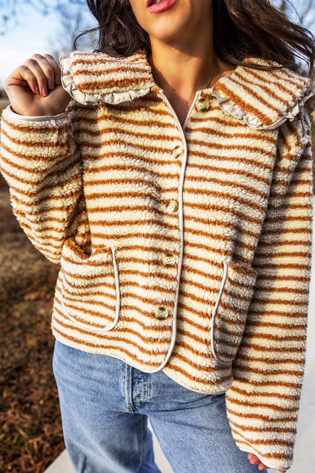 Brown Stripe Fleece Long Sleeve Regular Fit Jacket